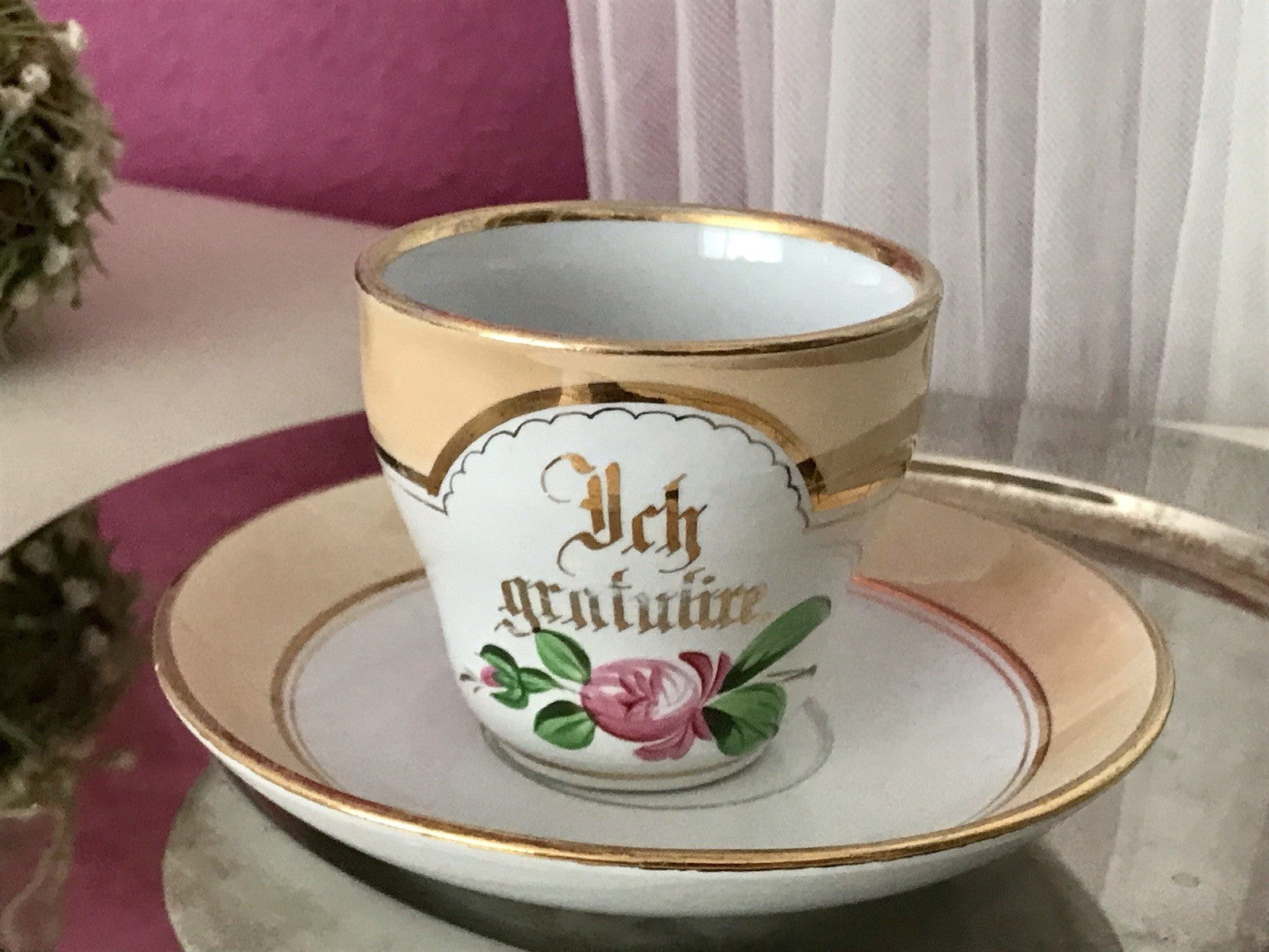 Antik Keramik ? Porzellan? Andenken Gedeck Sammeltasse Tasse „Ich gratulire“