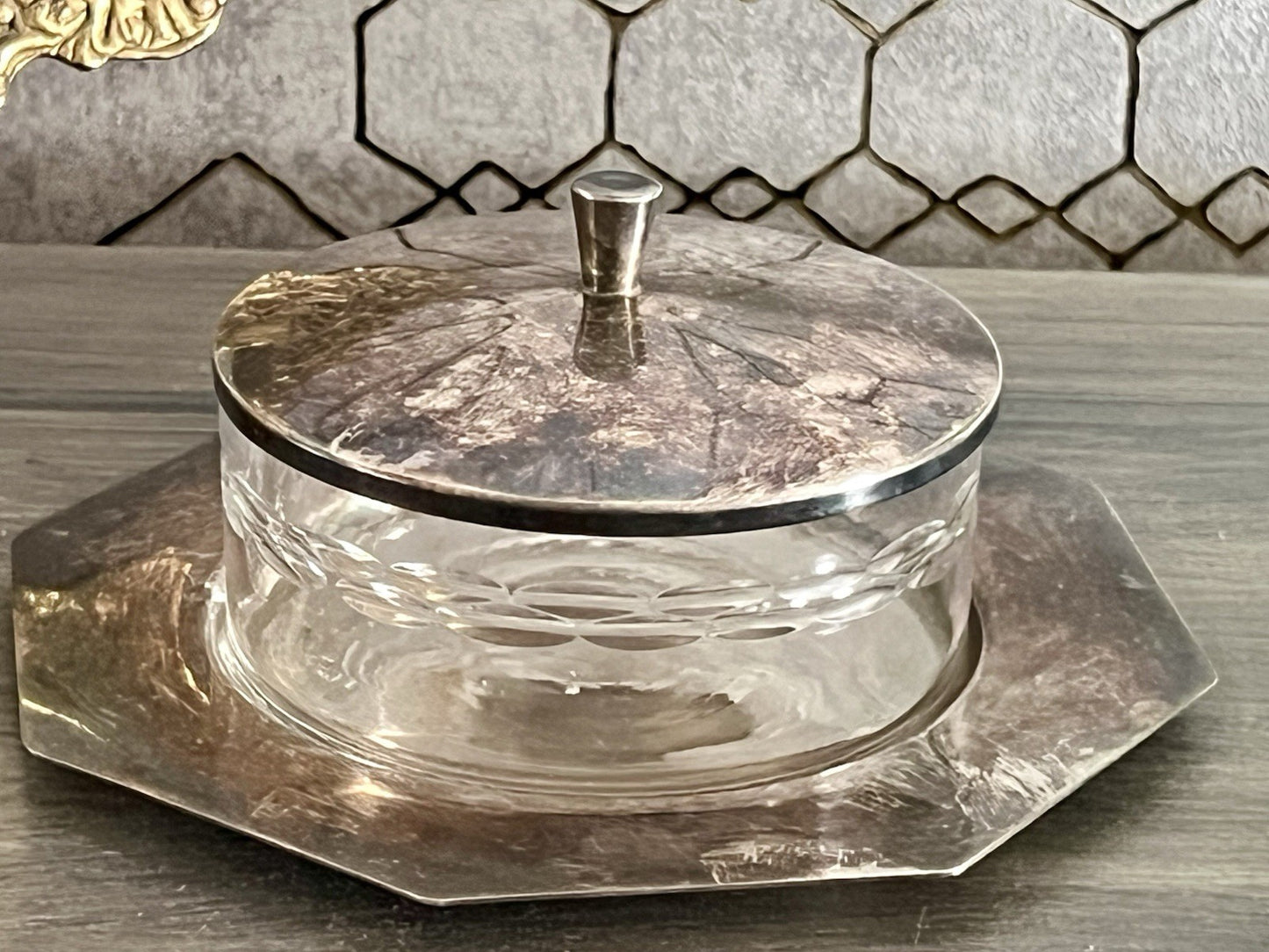 Antik WMF Art Déco Butterdose Dose versilbert Deckeldose Glaseinsatz geschliffen