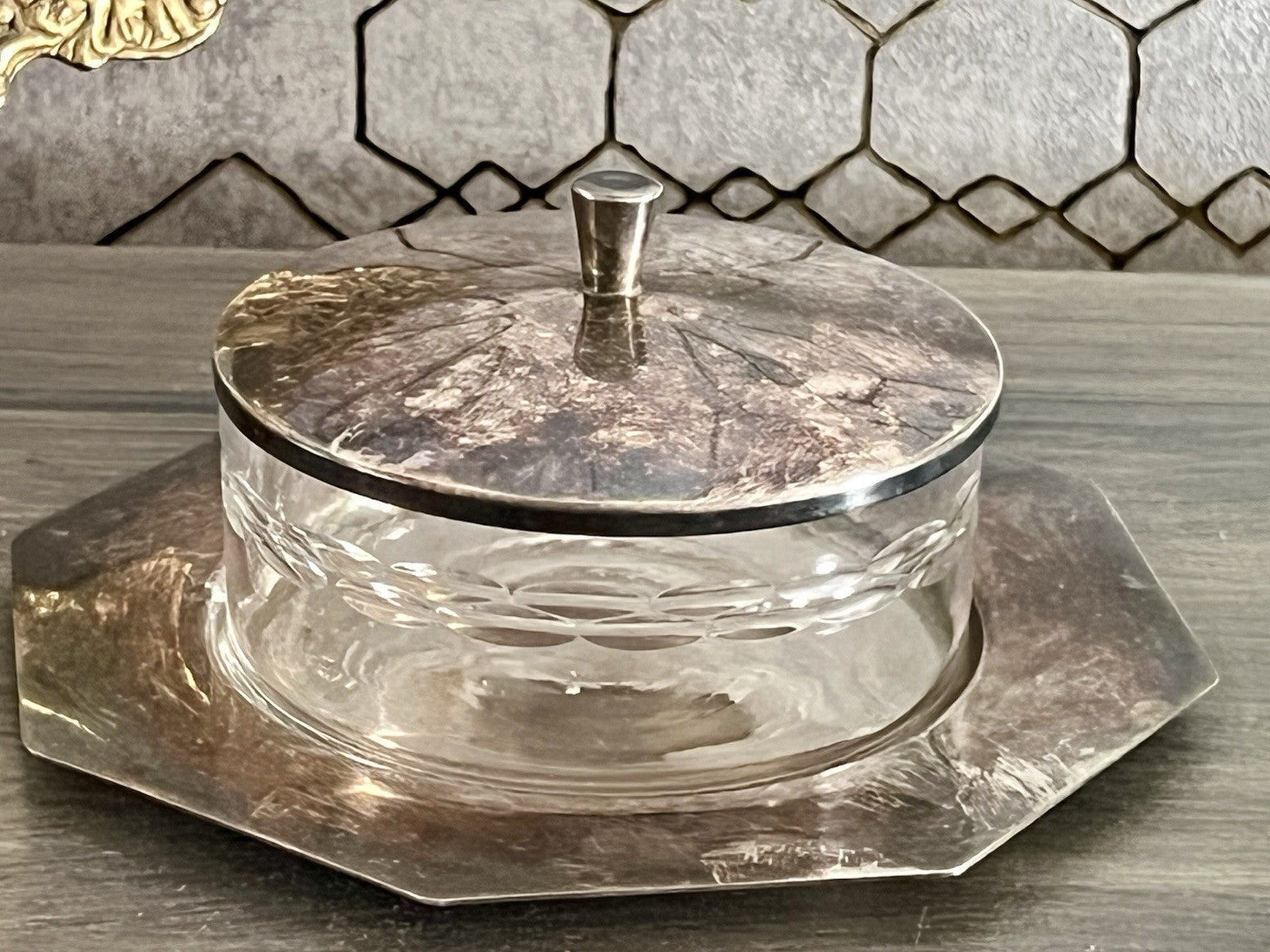 Antik WMF Art Déco Butterdose Dose versilbert Deckeldose Glaseinsatz geschliffen