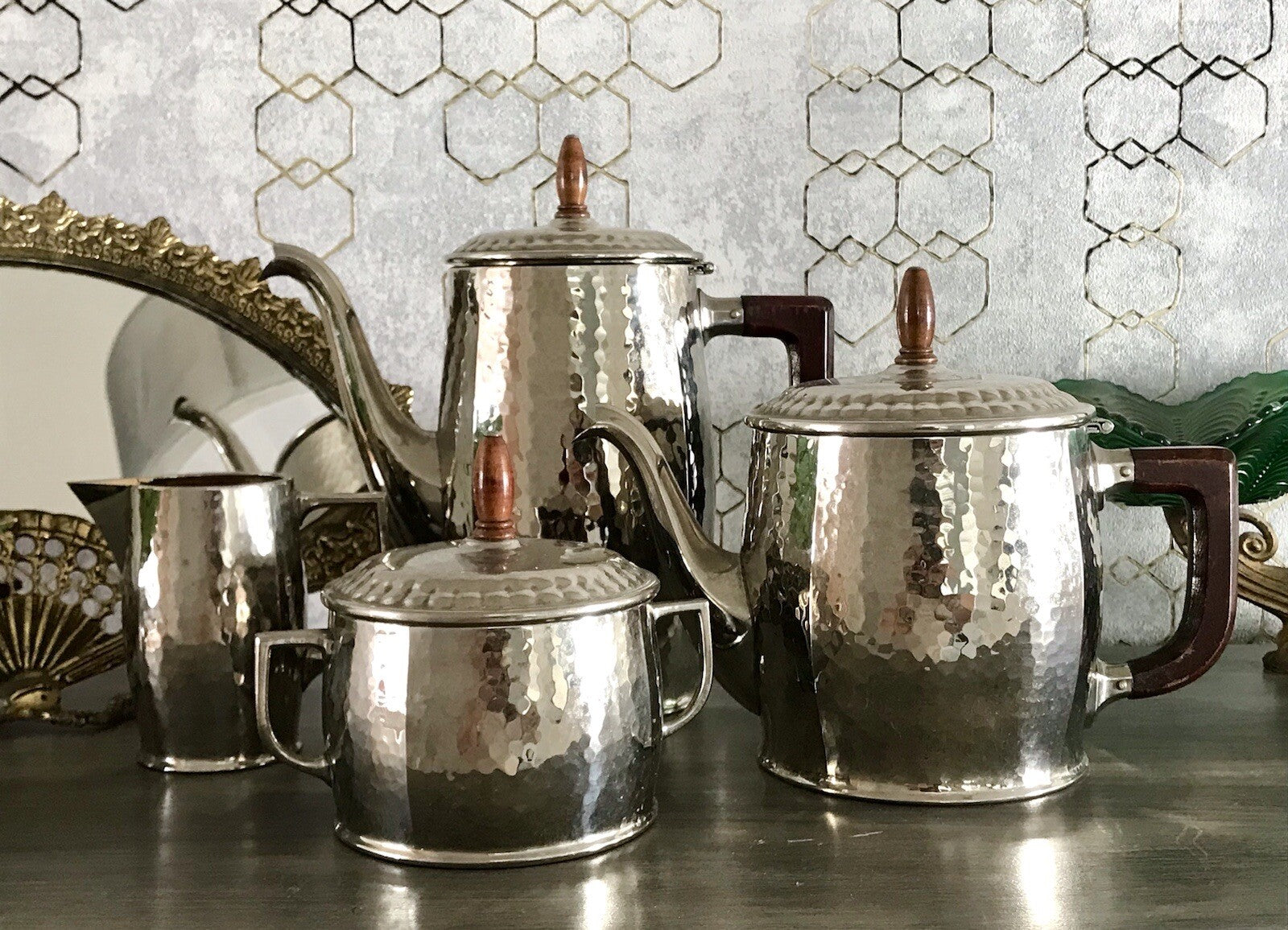 Antik WMF Jugendstil Kaffee Kernstück Zuckerdose Rahmgießer 2 Kanne Hammerschlag