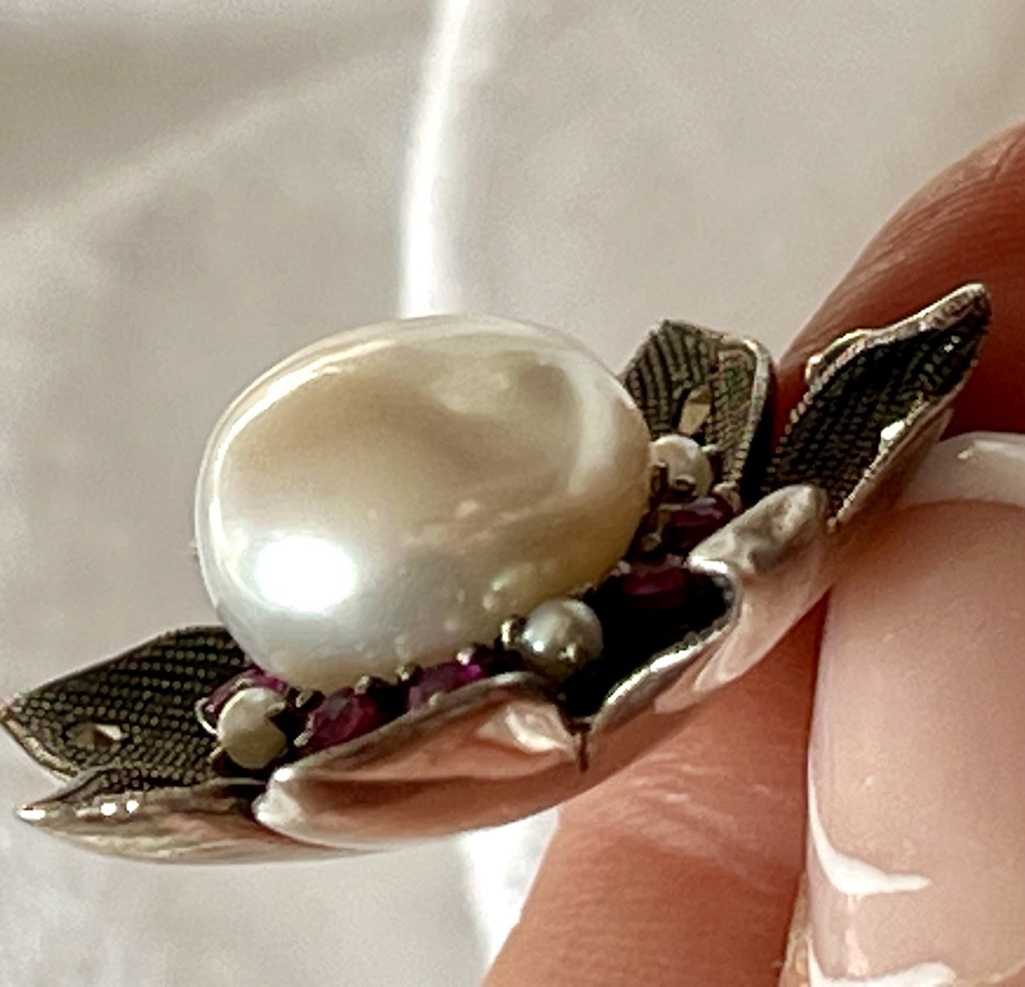 GROß rund Kettenanhänger Anhänger 925 Silber Perle Rubine Markasite Orchidee
