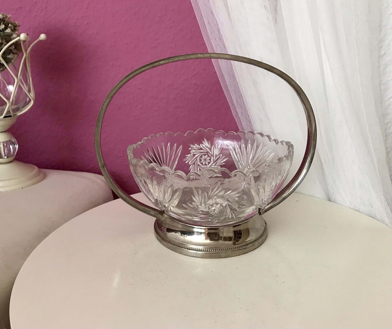 Antik Art Déco Schale Tafelaufsatz Pressglas Metallmontur Korb