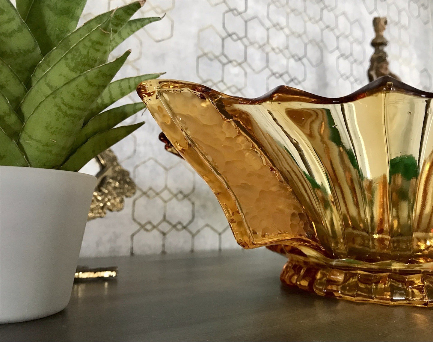 Antik Art Déco gelb Pressglas Schale Glas Brockwitz Prismen Fruchtschale 1941