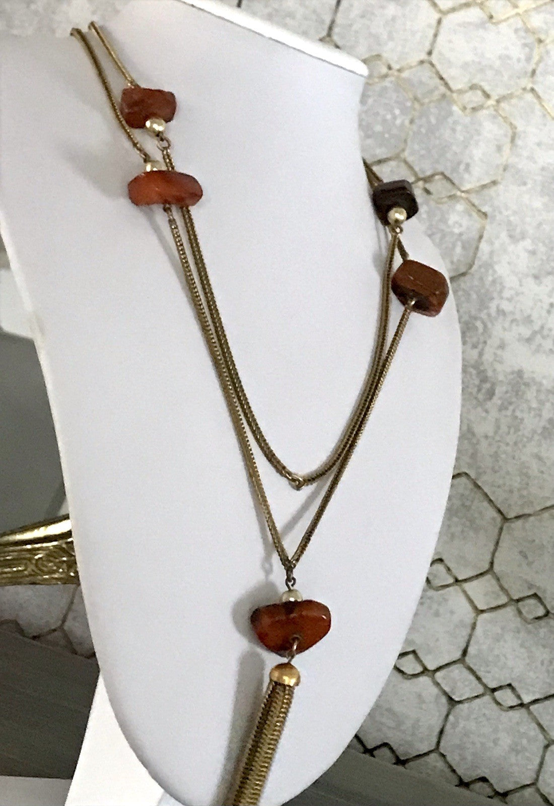 Vintage 60er Halskette Amerik. Doublè gold Steine Bernstein? Achate? SCHÖN