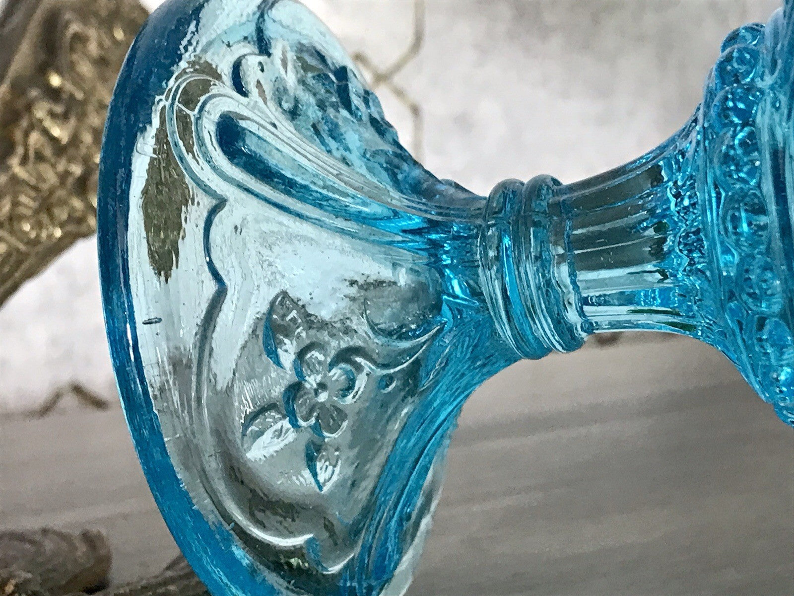 Antik Jugendstil Art Déco Pressglas Glas Fußschale Schale Zuckerschale Blau