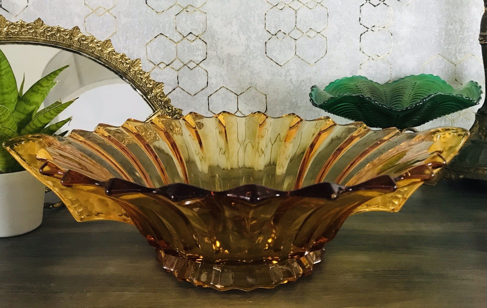 Antik Art Déco gelb Pressglas Schale Glas Brockwitz Prismen Fruchtschale 1941