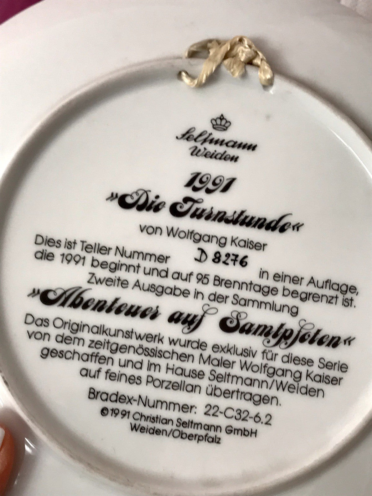 Porzellan Wandteller Zierschale Teller Seltmann Abenteuer auf Samtpfoten 1991