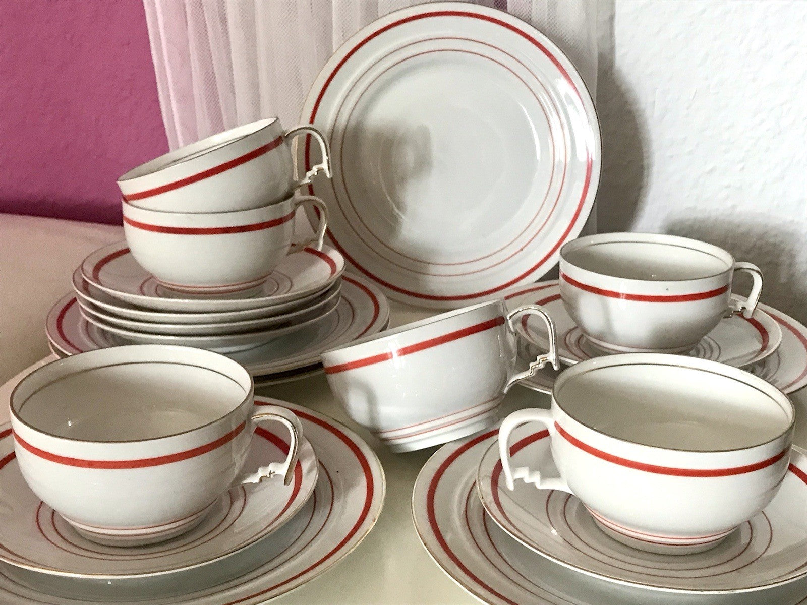 Antik Art Déco Porzellan Kaffeeservice weiß rot orange gemarkt deutsch Bauhaus