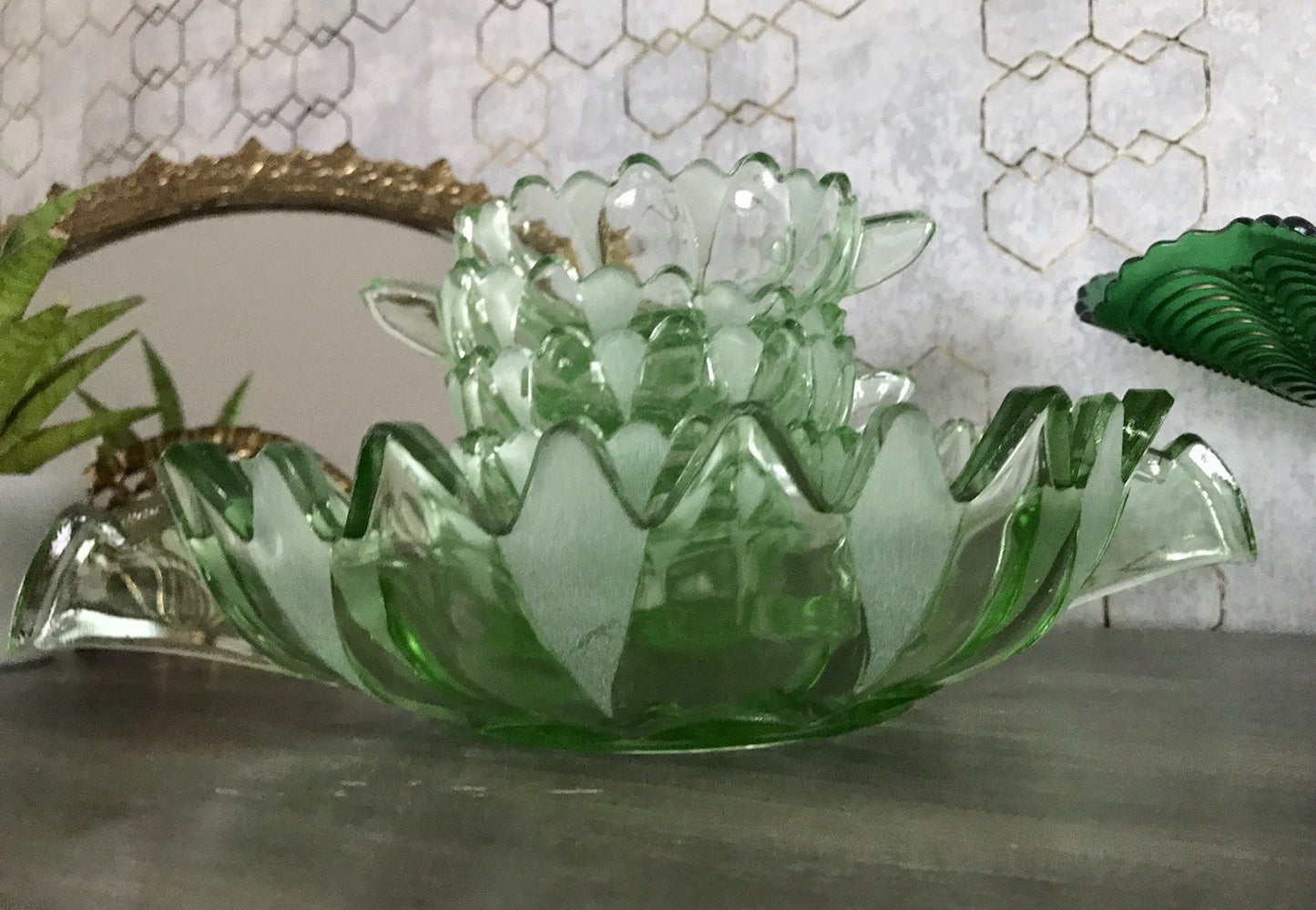 Antik Set grün Dessert Kompott Eis Schale 5x Schälchen Pressglas Art Déco Griffe