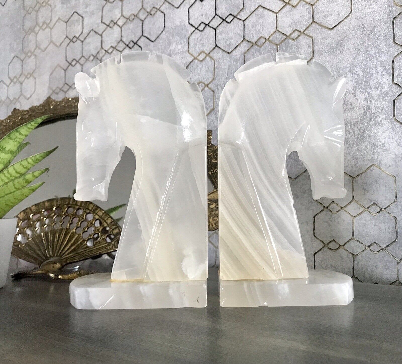 Vintage Alabaster 2 Buchstützen  weißer Onyx wundervoll! 60er 70er