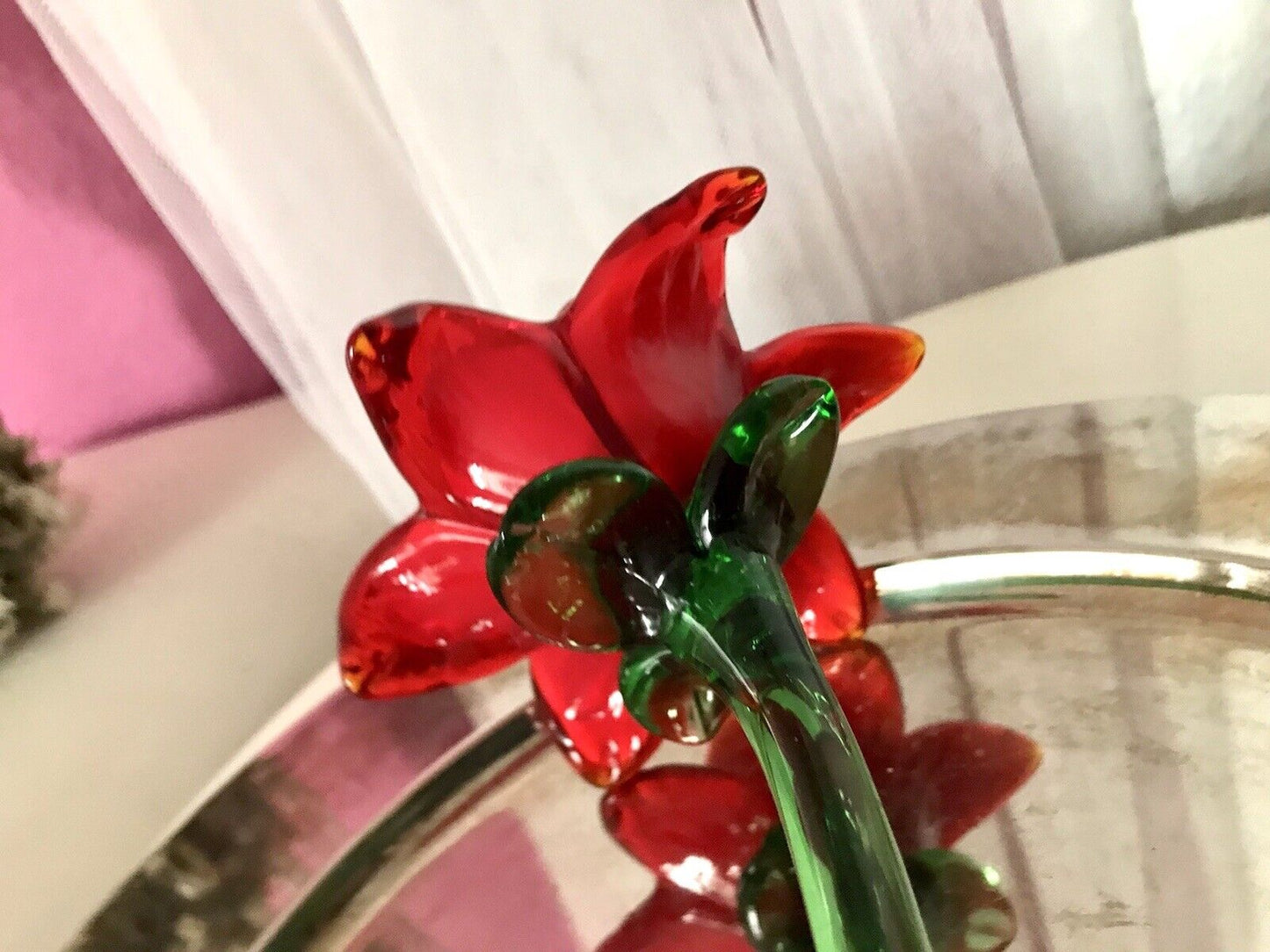 Vintage Murano ? 60er Jahre Glas Blume rote Rose mit Stiel ca. 50 cm lang