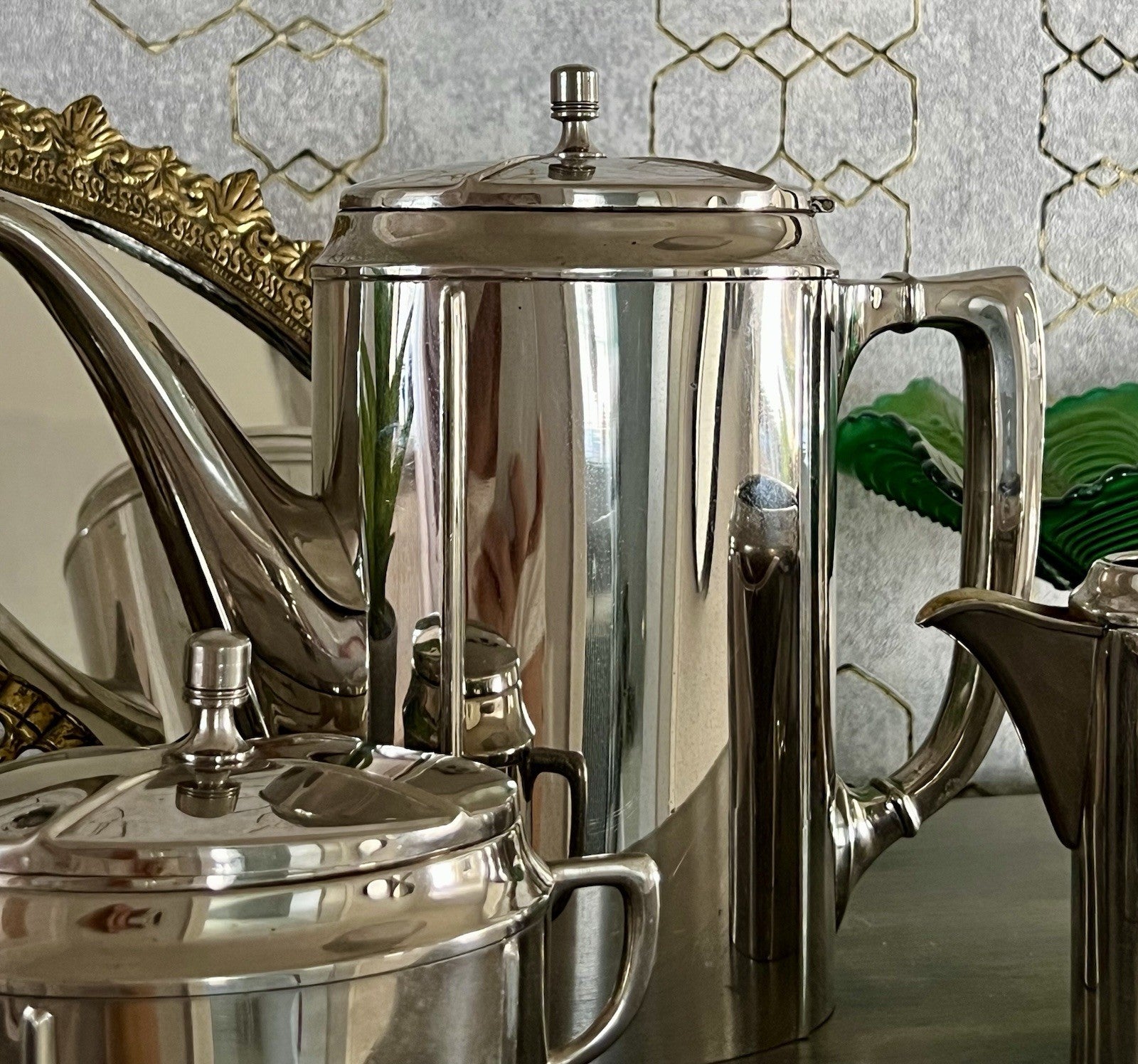 Antik Jugendstil Kaffee Kernstück Zuckerdose Rahmgießer Kanne vernickelt?