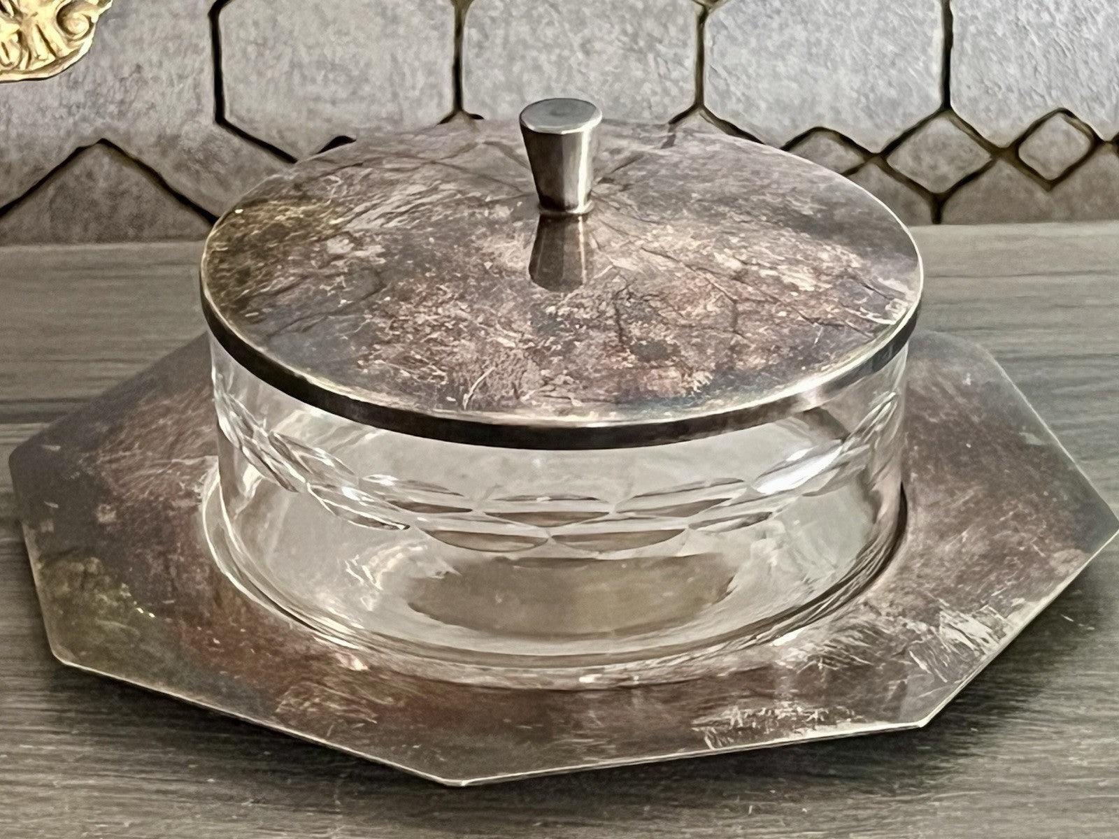 Antik WMF Art Déco Butterdose Dose versilbert Deckeldose Glaseinsatz geschliffen