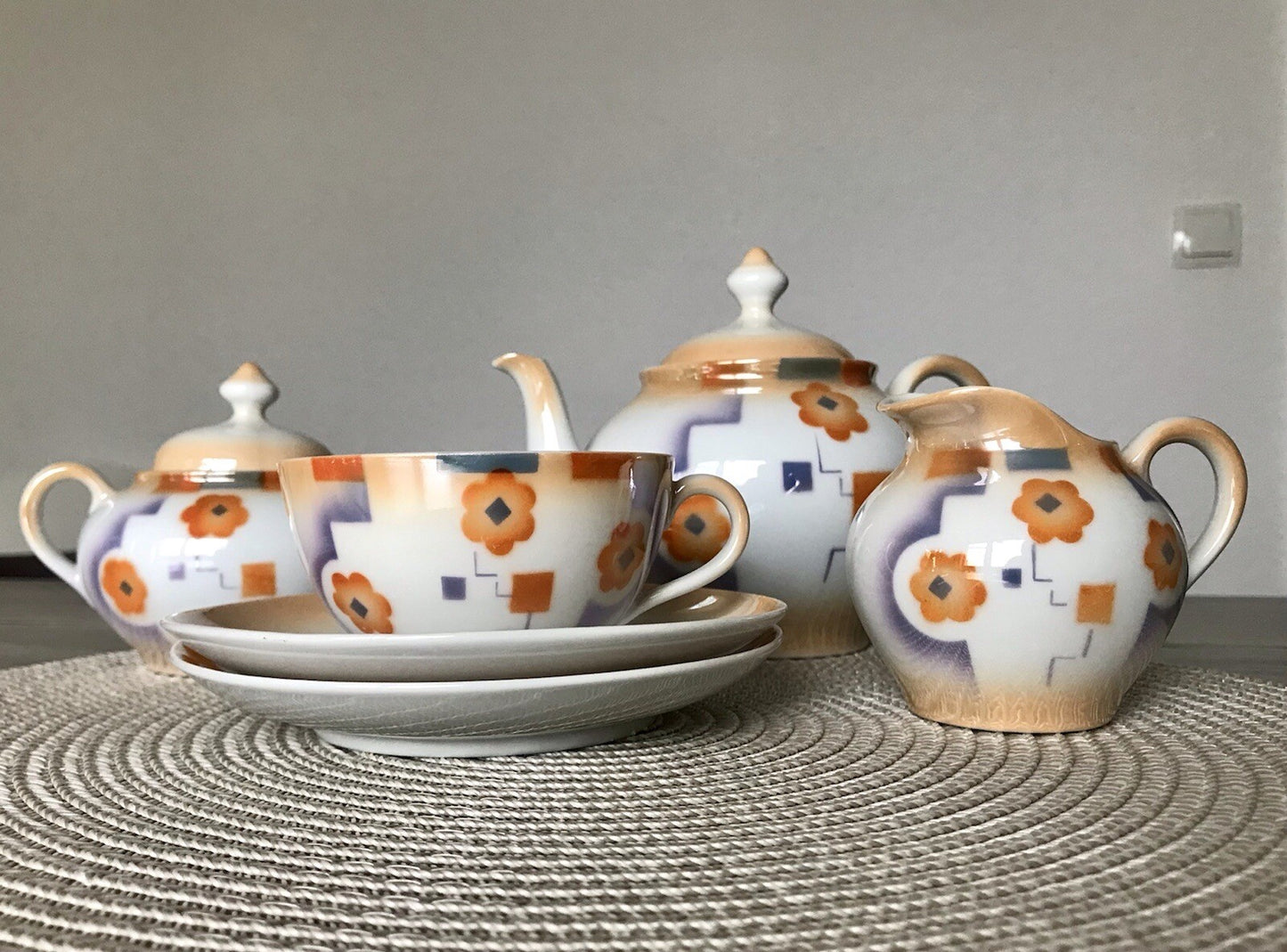 Antik Art Déco Porzellan Kaffeeservice Spritzdekor Moccaservice