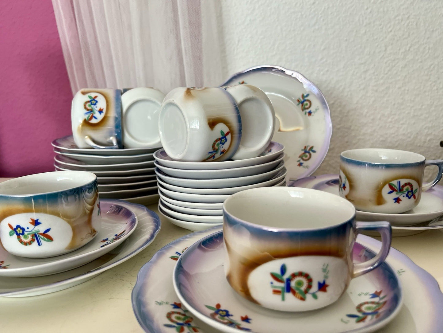 Antik Art Déco Porzellan Kaffeeservice Spritzdekor Teeservice 9 Pers. plus