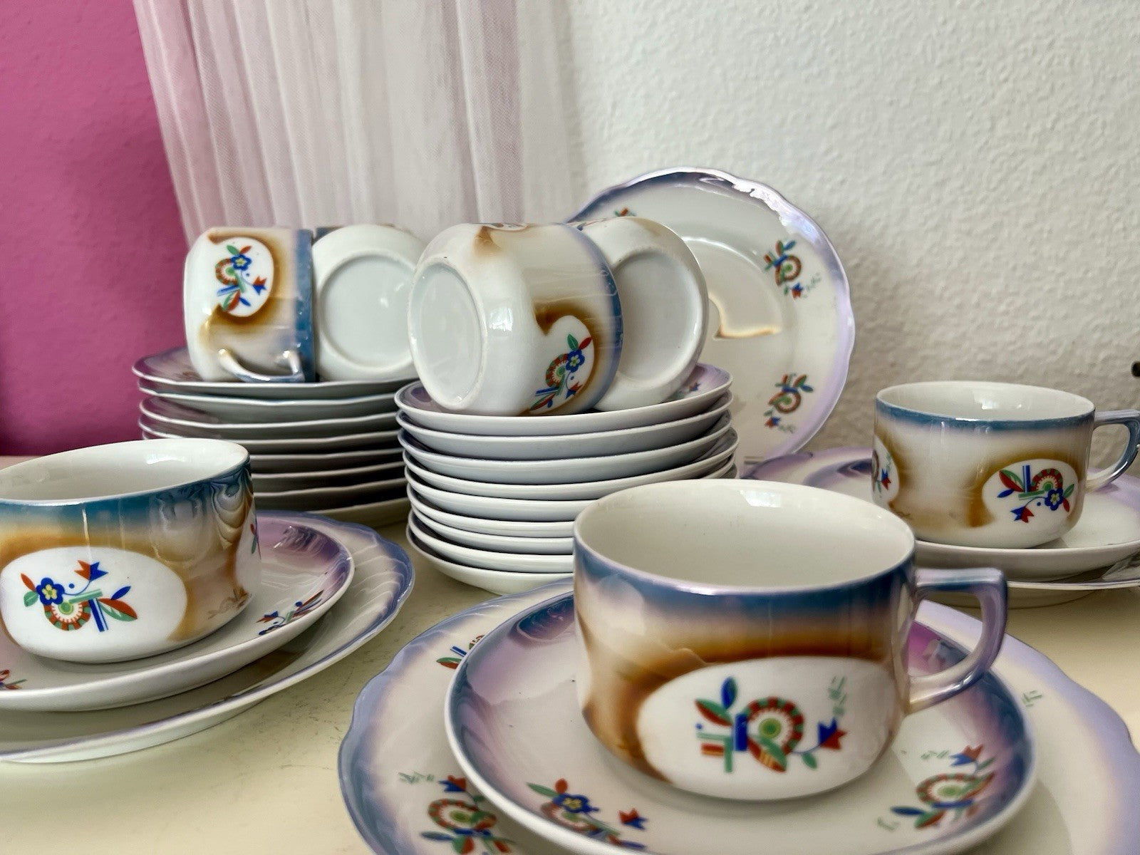 Antik Art Déco Porzellan Kaffeeservice Spritzdekor Teeservice 9 Pers. plus