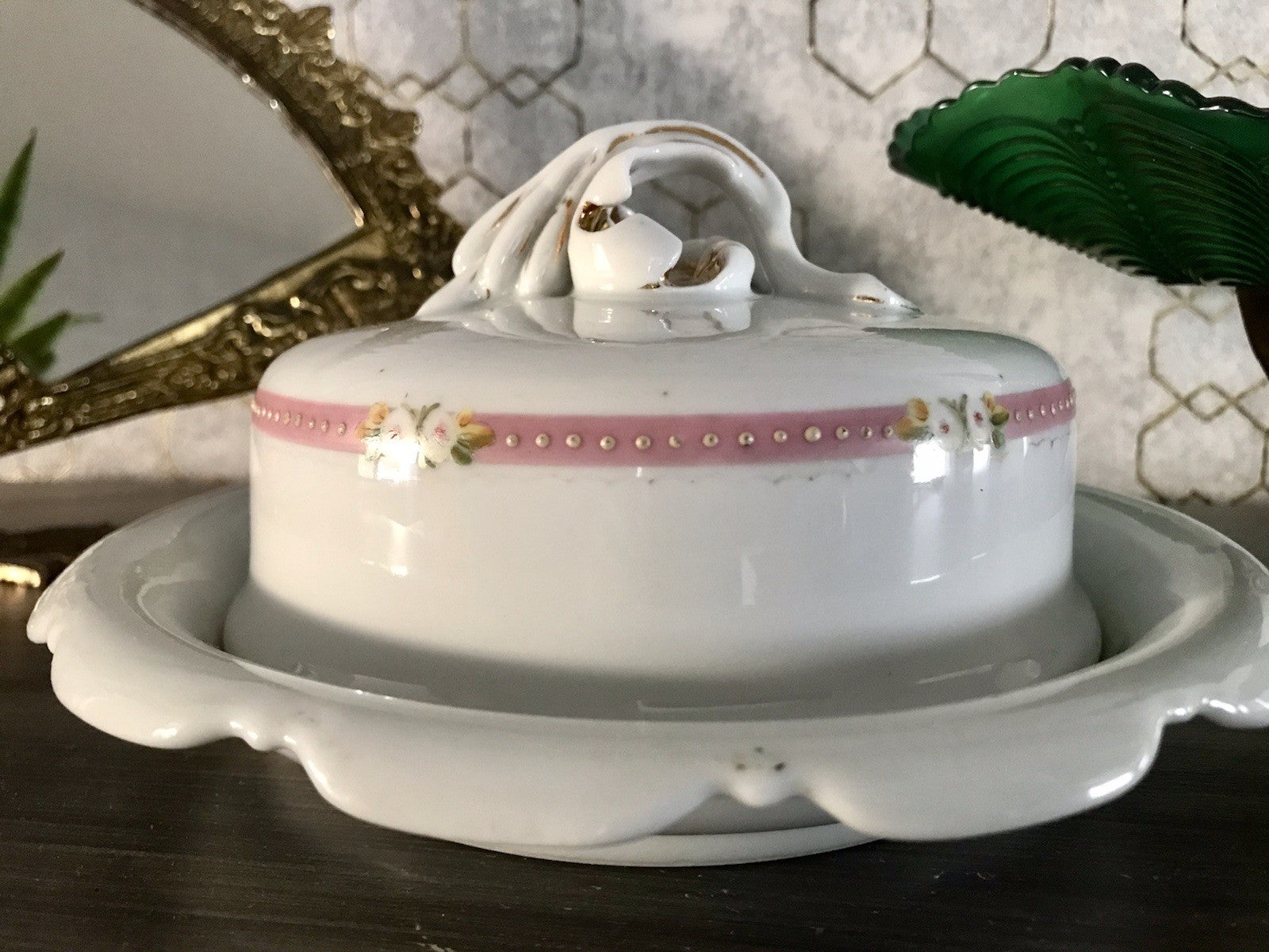 Antik Biedermeier Porzellan Butterdose Dose Handbemalung weiß rosa gold