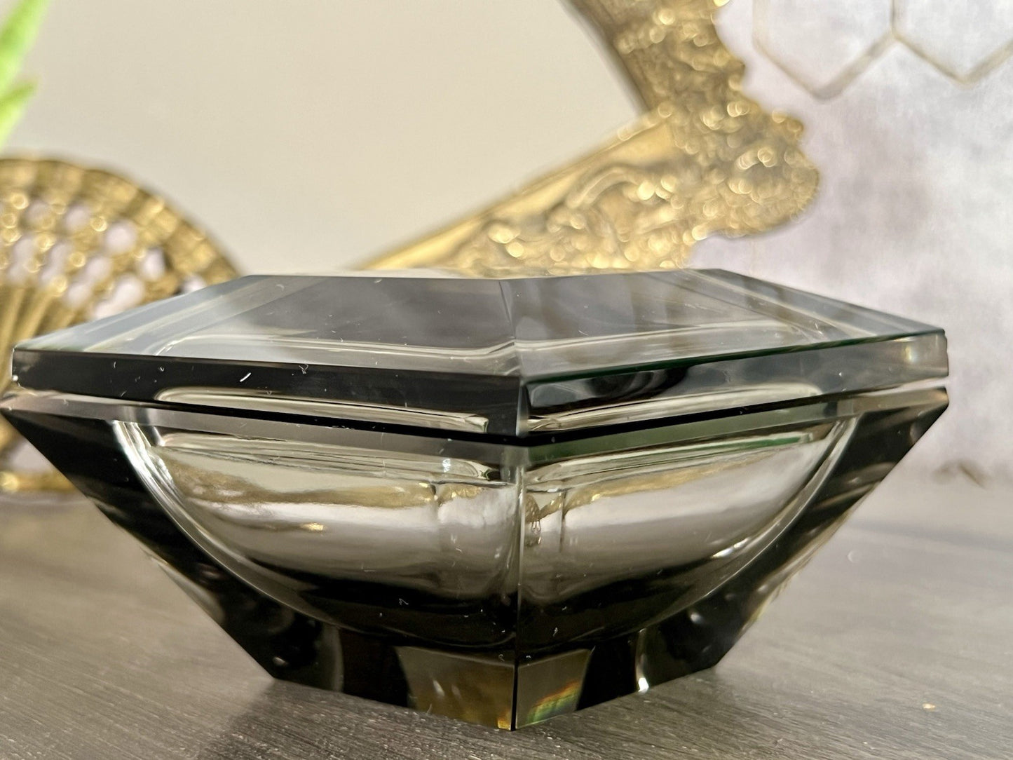 EDEL Art Déco antik Glasdose Kristallglas Frisiertisch Dose grau Schliff