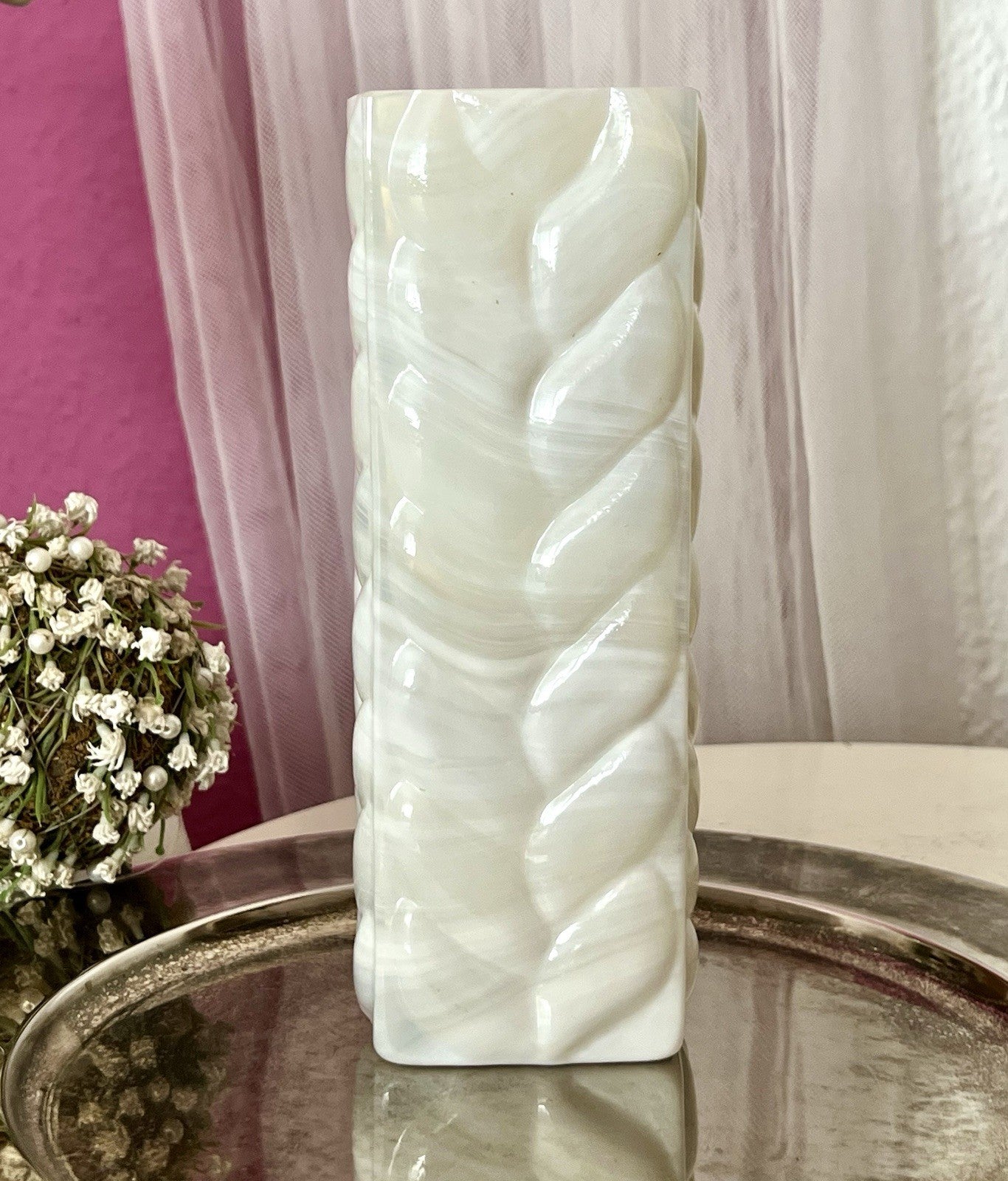 Vintage 60er Jahre MCM Glasvase Vase Glas Design Zopfmuster Blockvase weiß
