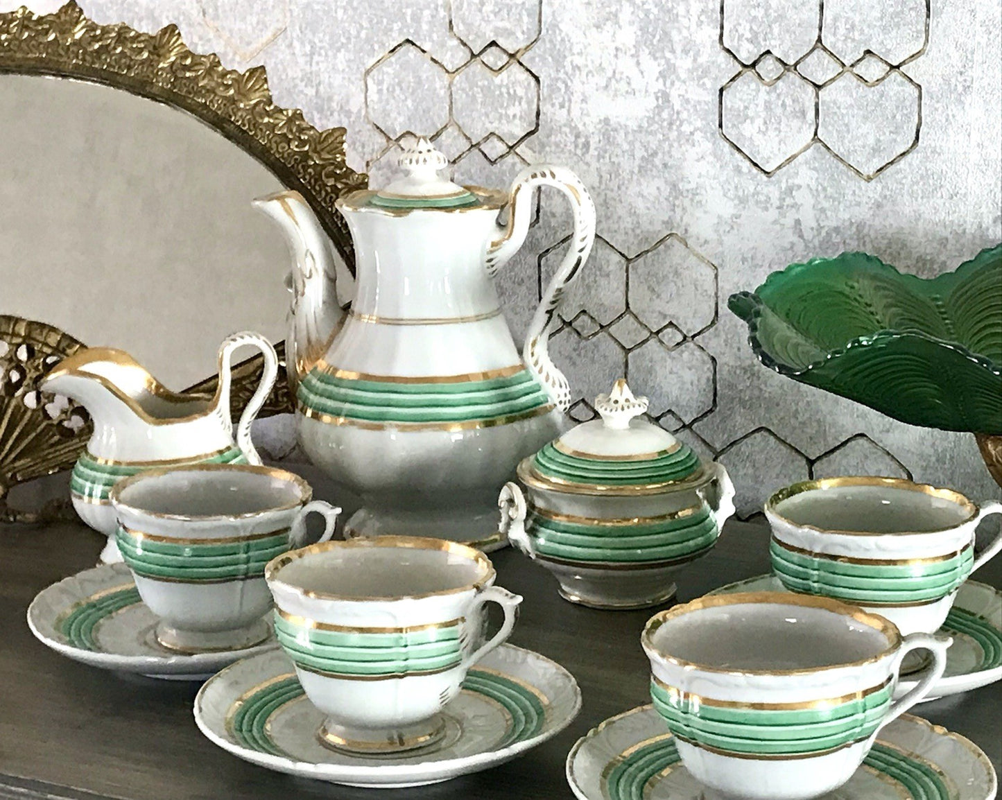 Antik Historismus Porzellan Kaffeeservice Mokkaservice weiß grün Schumann Moabit