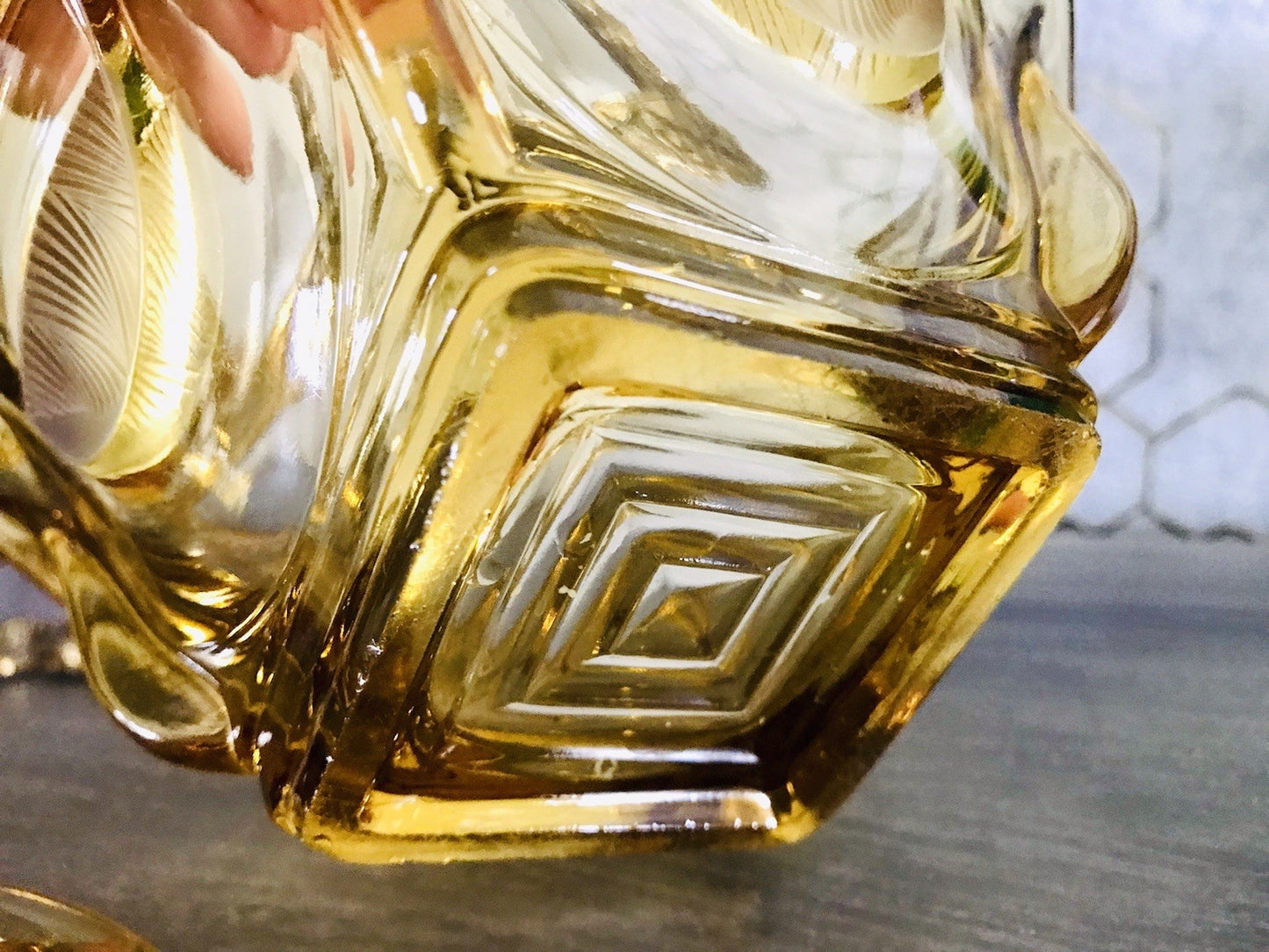 Antik Art Déco Dose Glasdose Pressglas Bernstein Gelb Amber