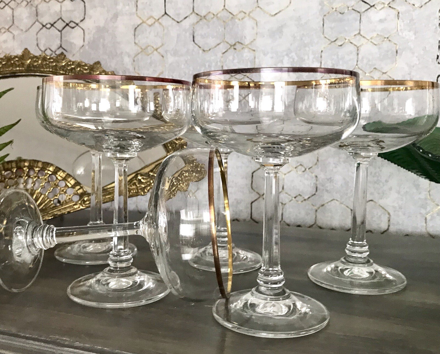 Antik? Art Déco 6 x Champagnerschalen Sekt Gläser Goldrand Lausitzer? Crystal