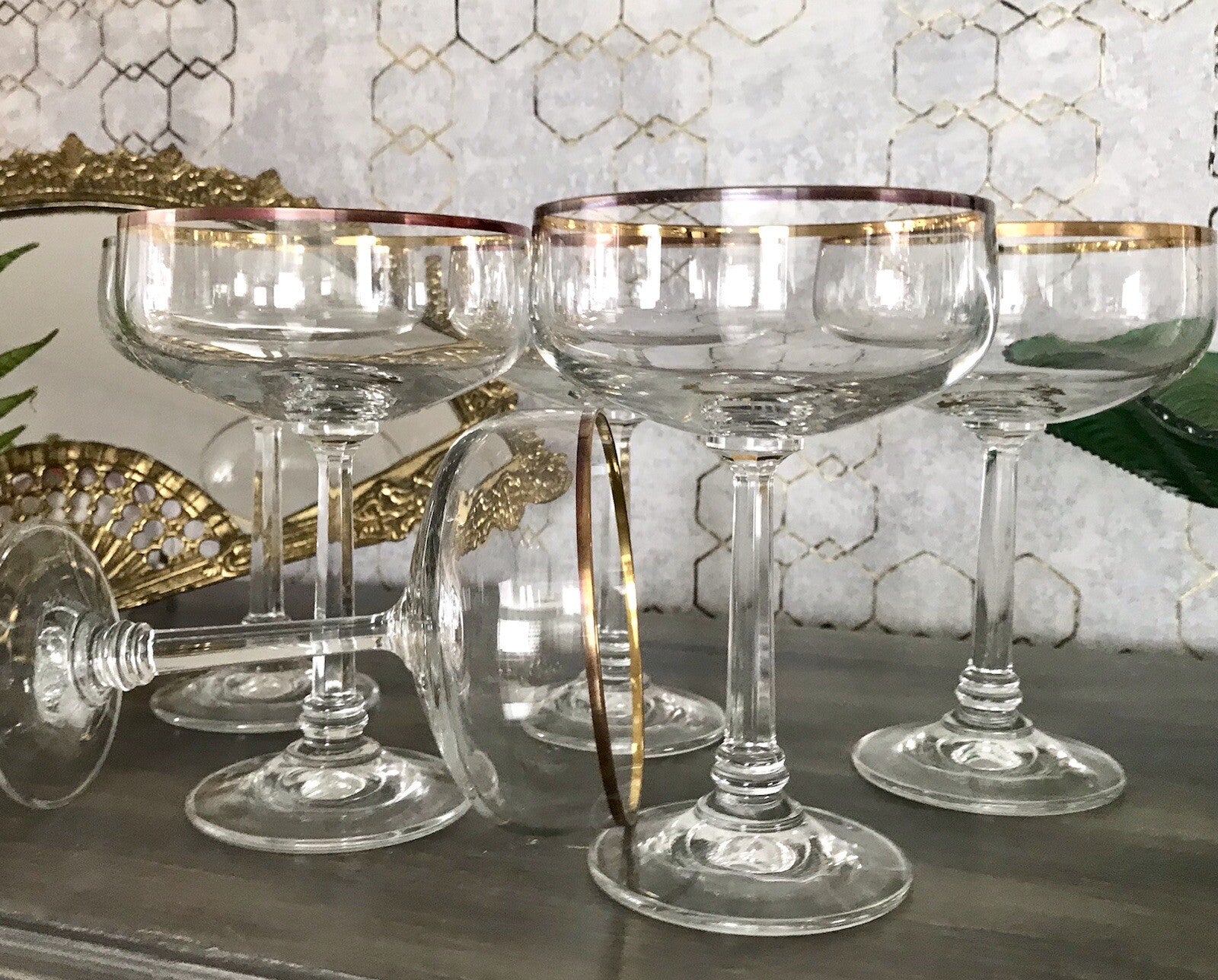 Antik? Art Déco 6 x Champagnerschalen Sekt Gläser Goldrand Lausitzer? Crystal