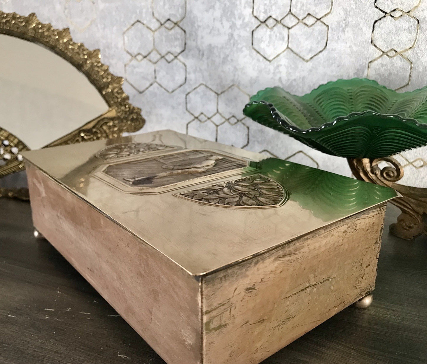 Antik WMF Jugendstil Messing Schatulle Zigarrendose Dose wunderschön Kegelklub