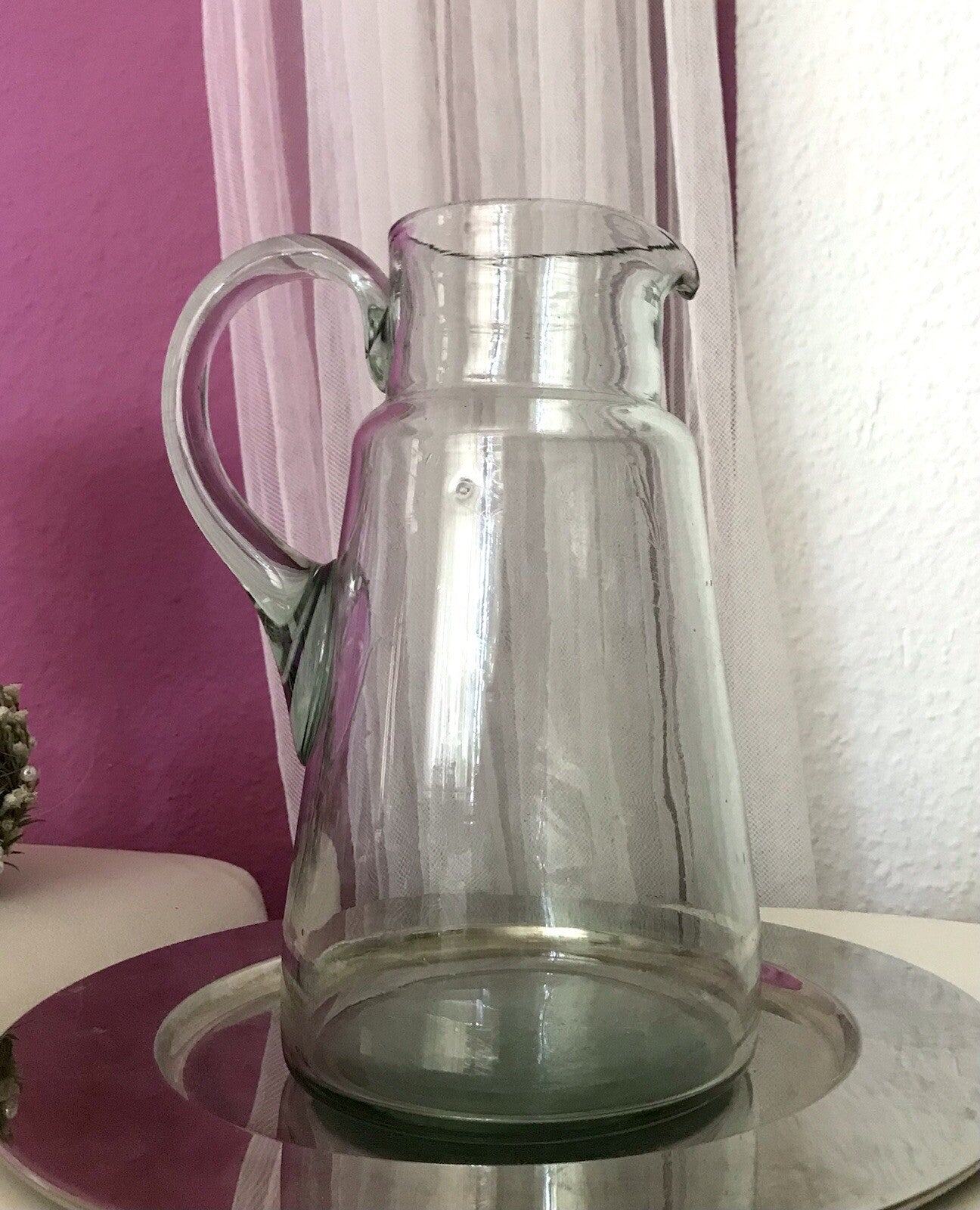 Antik groß Krug Glas Karaffe Kanne Wasserkrug Glas mundgeblasen light türkis