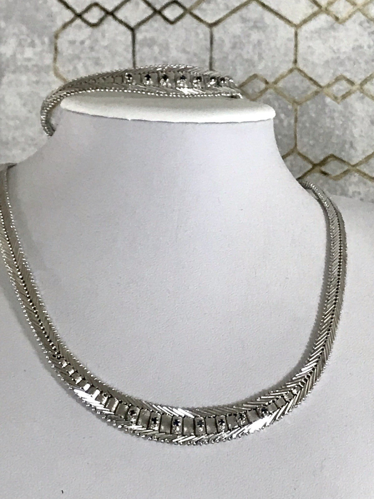 Antik Edel Art Déco 835 Silber Collier rhodiniert Halskette blau Steine Armband