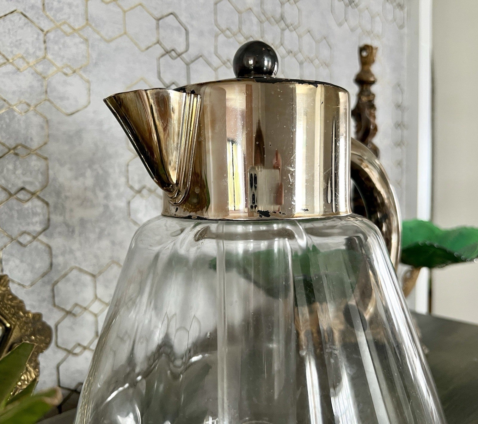 Antik Art Dèco DRGM Karaffe Kalte Ente  Glas optisch gerippt versilberte Montur