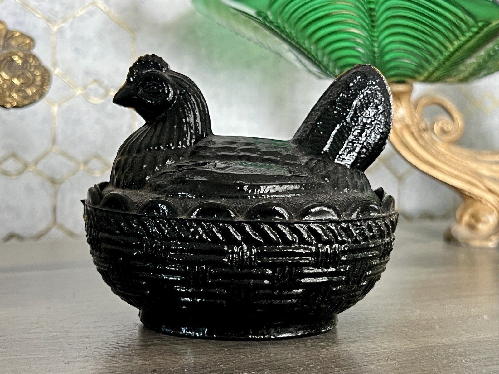 Antik Jugendstil Art Deco Glasdose Dose Deckeldose Pressglas Henne schwarz