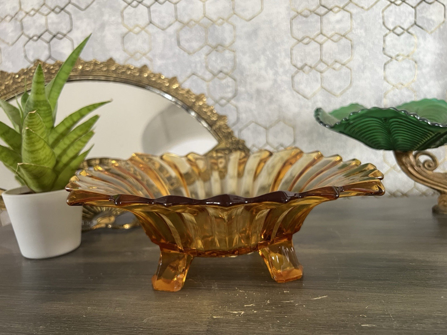 Antik Jardiniere Brockwitz Prismen Bernstein gelb Art Déco Schale Pressglas Glas