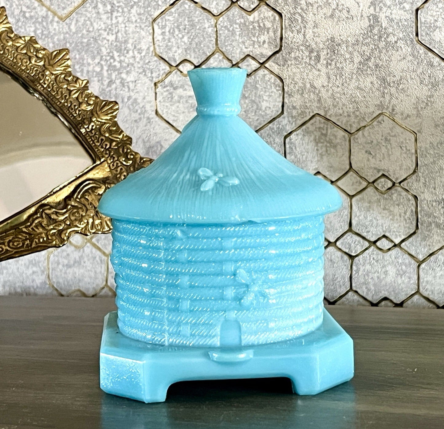 Antik Portieux 1900 Bienenstock Glasdose Dose Opalglas Deckeldose blau Pressglas