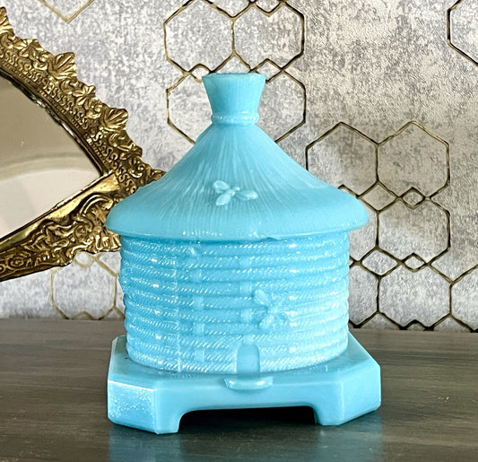 Antik Portieux 1900 Bienenstock Glasdose Dose Opalglas Deckeldose blau Pressglas