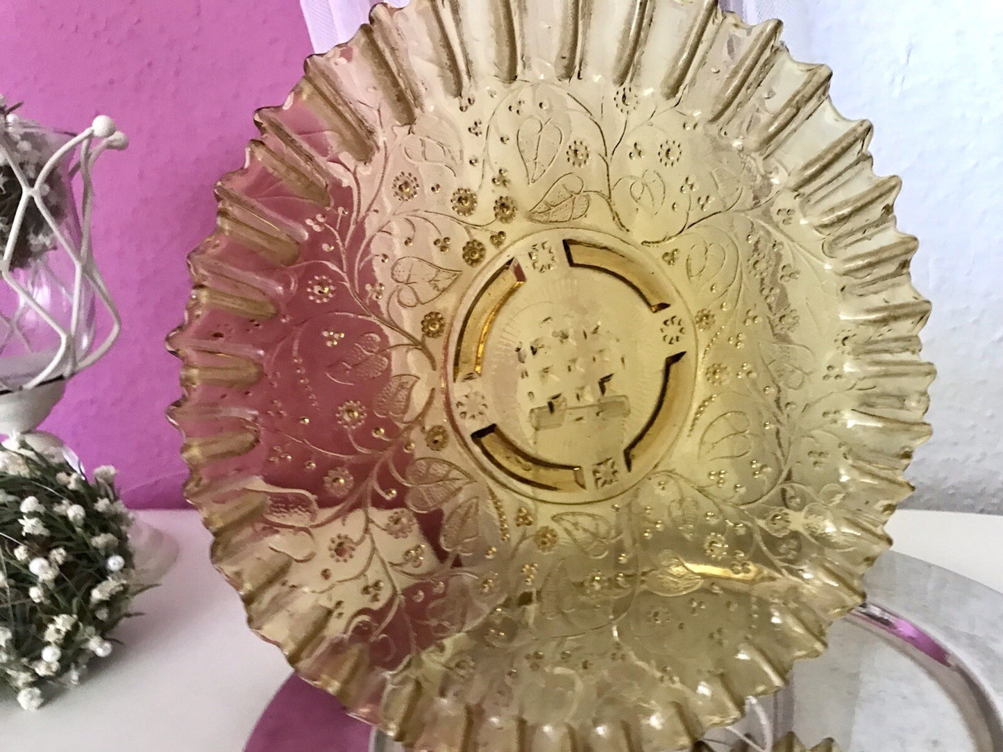 Antik Jugendstil Serviettenrand Pressglas Schale Glas Fenne Ewald Gelb Selten!