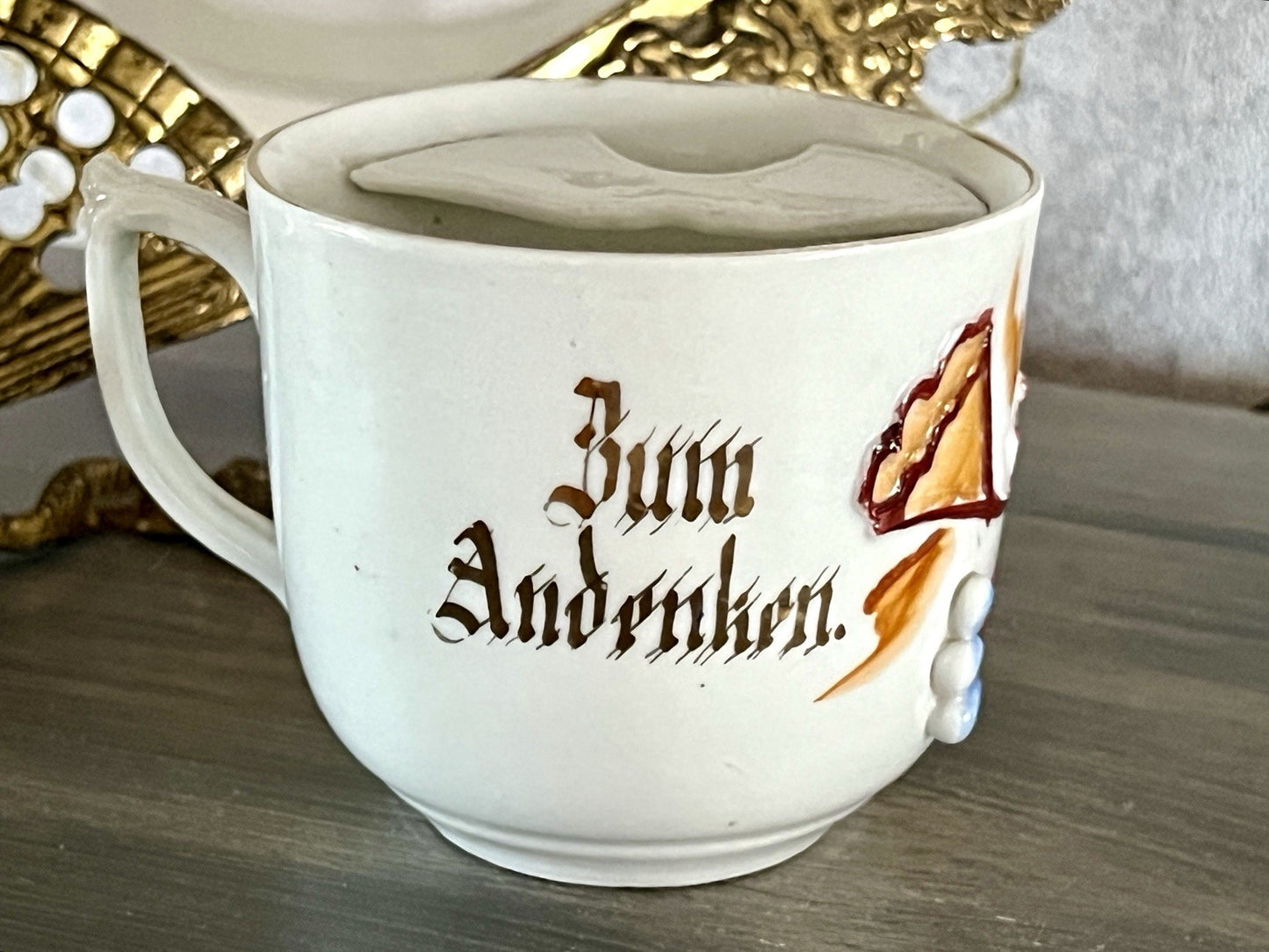 Antik Rosenhäferl Porzellan Andenken Tasse Zum Andenken Stucktasse Barttasse