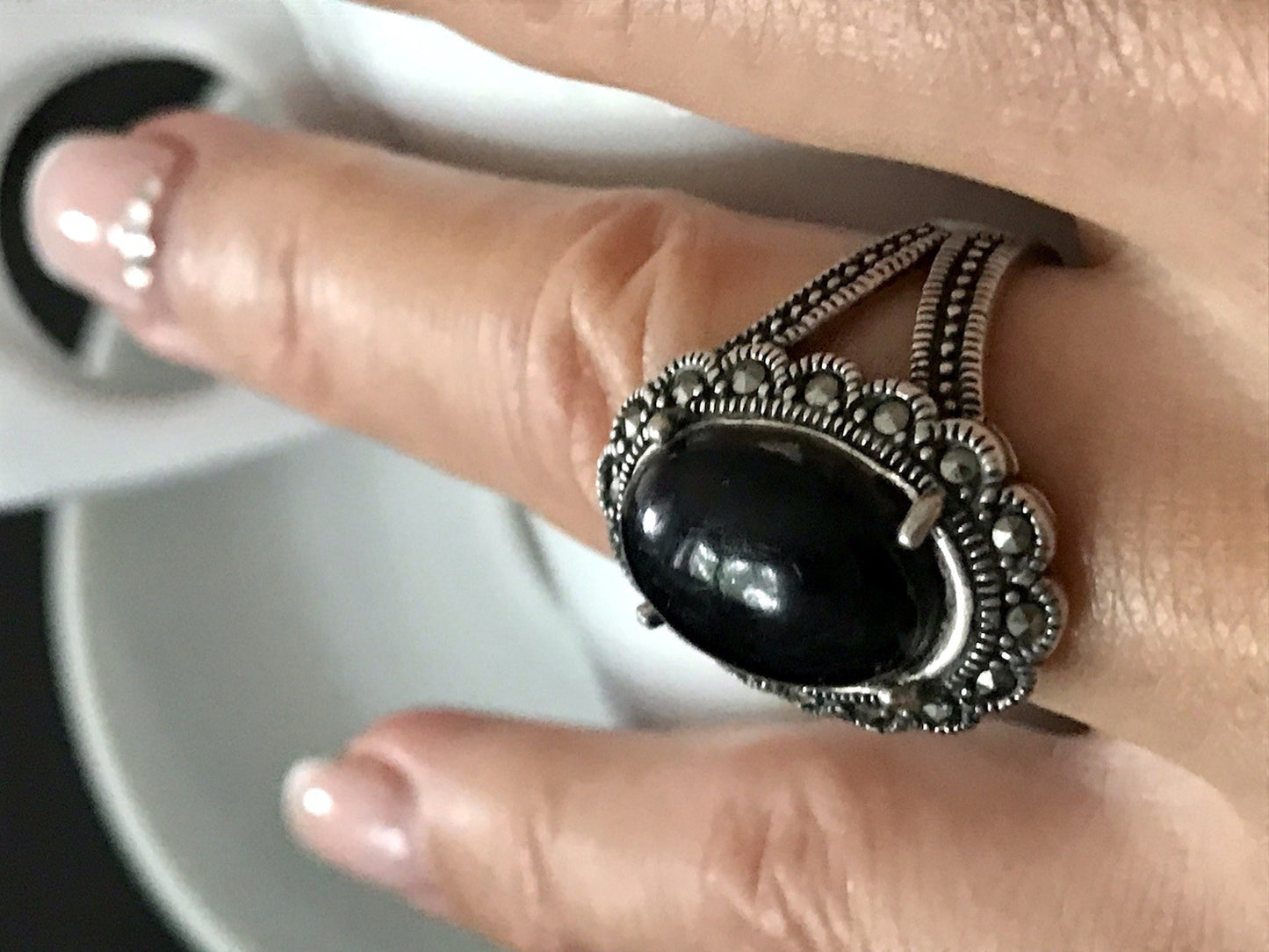 Antik? alt Art Déco Edel Onyx Markasite DAMEN RING Silber 925 Gr.57 18,1