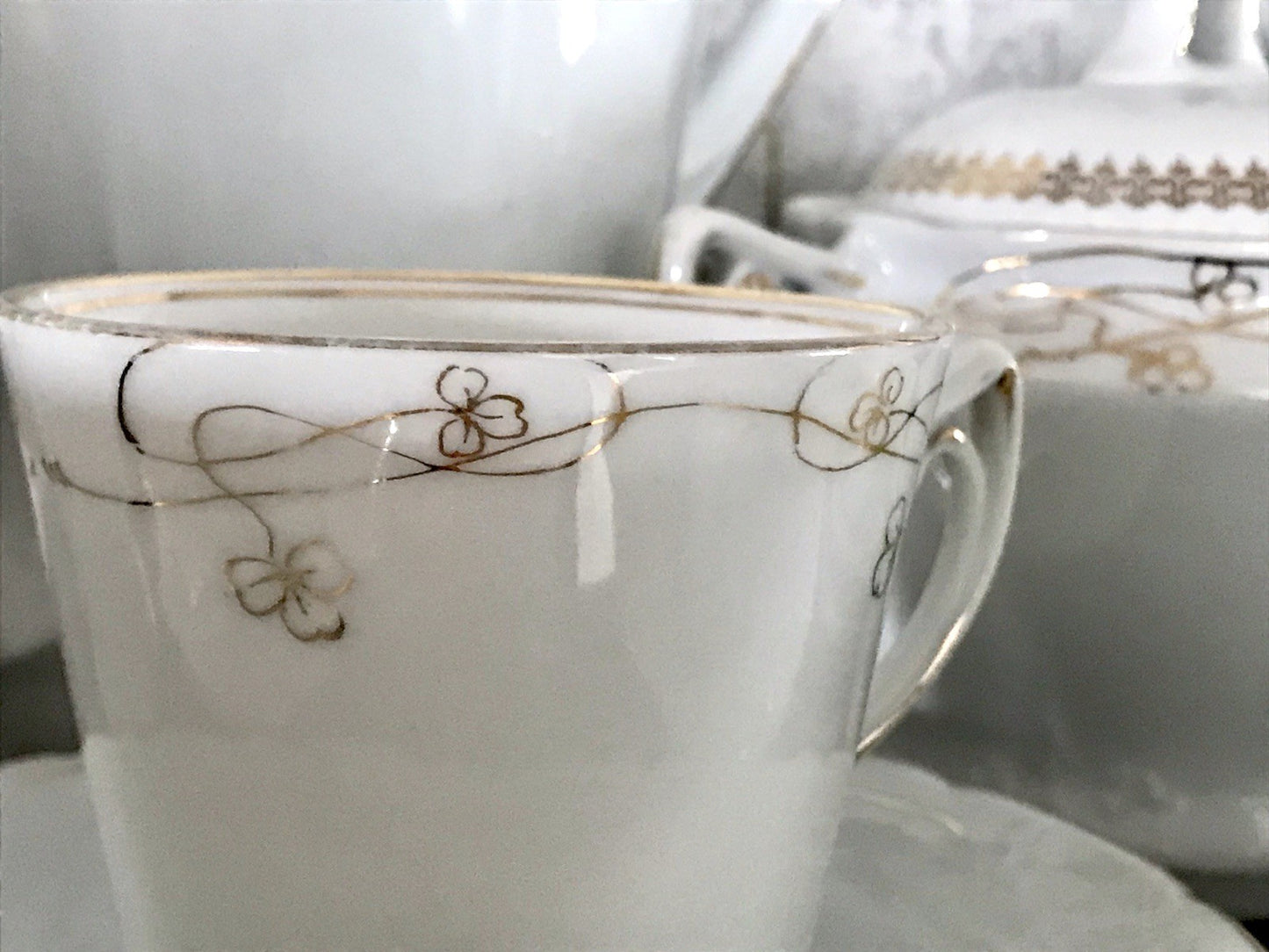 Antik reines Jugendstil Porzellan Kaffeeservice weiß gold 5 Pers. WOW!