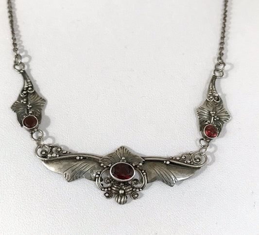 Antik 925 Sterling Silber Collier Halskette Kette rote Steine Granate?