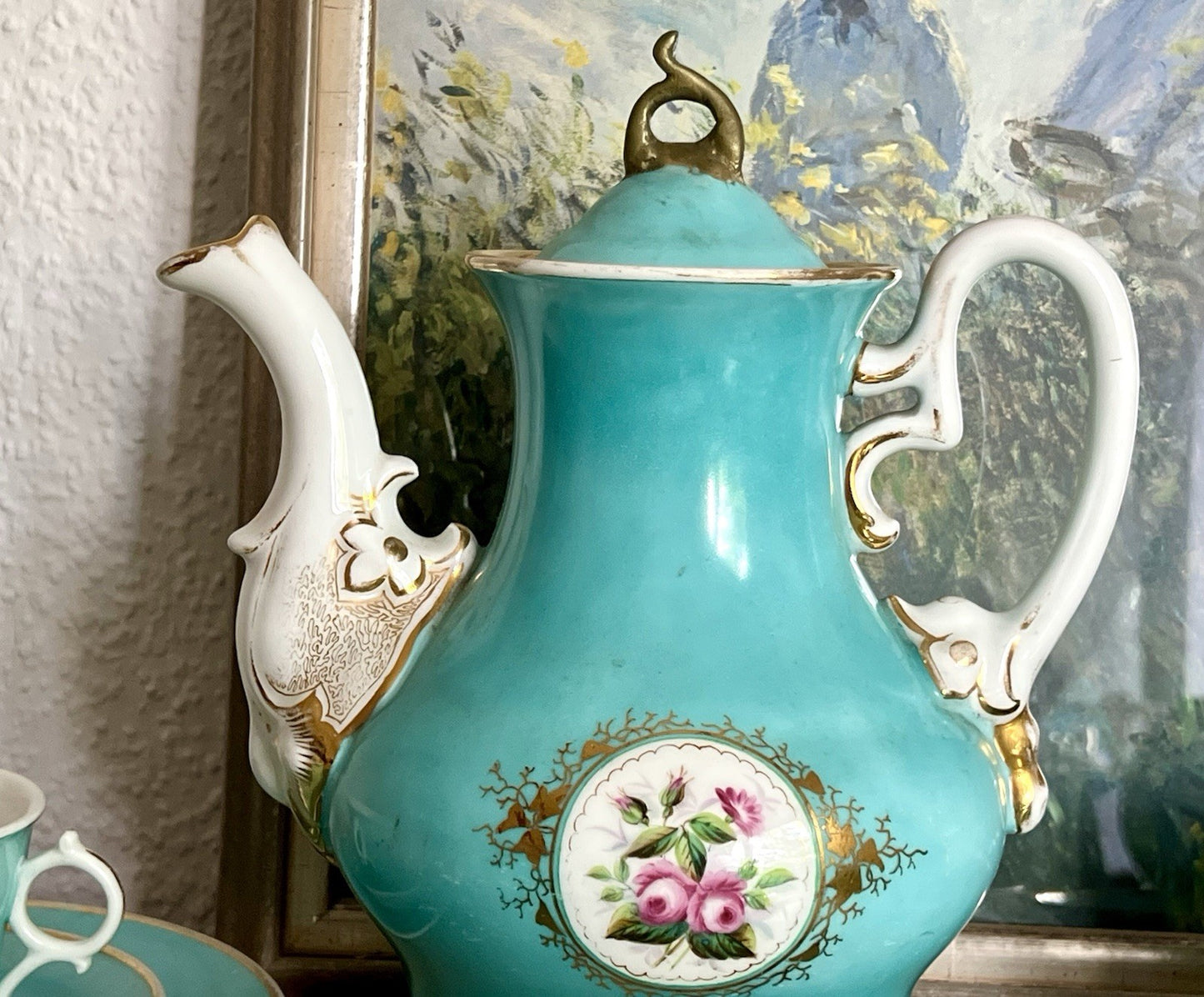 Antik 1870-1900 Porzellan Kaffeeservice 6 Pers. Carl Tielsch Altwasser türkis