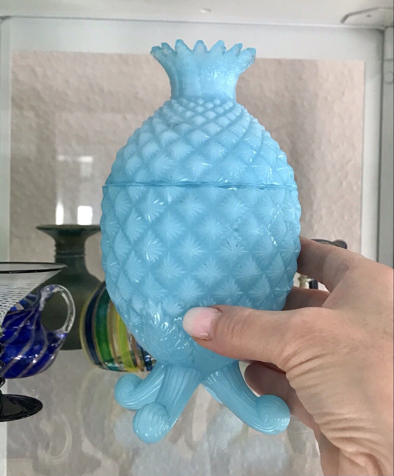 Antik Jugendstil Ananas Glasdose Dose Opalglas Deckeldose blau Pressglas SCHÖN!