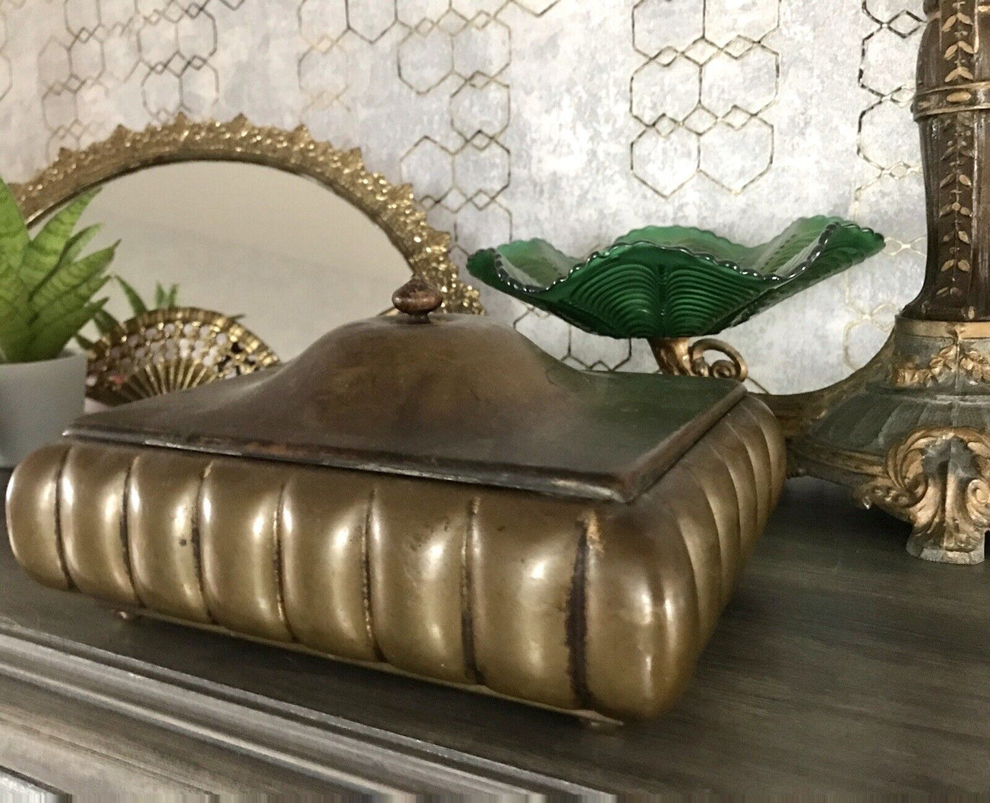 Antik Art Déco Raucherset Zigarren Dose Schneider Aschenbecher Messing