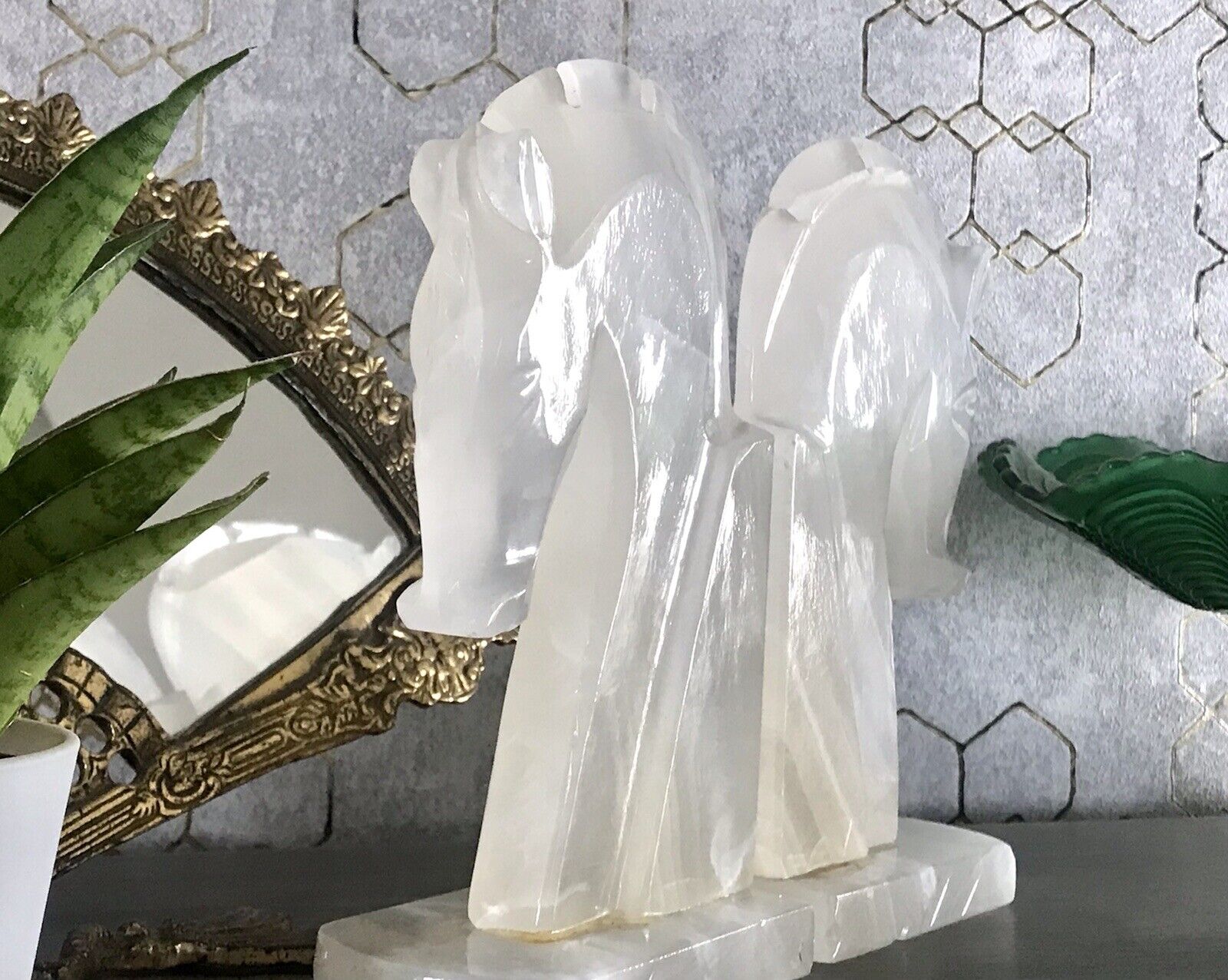 Vintage Alabaster 2 Buchstützen  weißer Onyx wundervoll! 60er 70er
