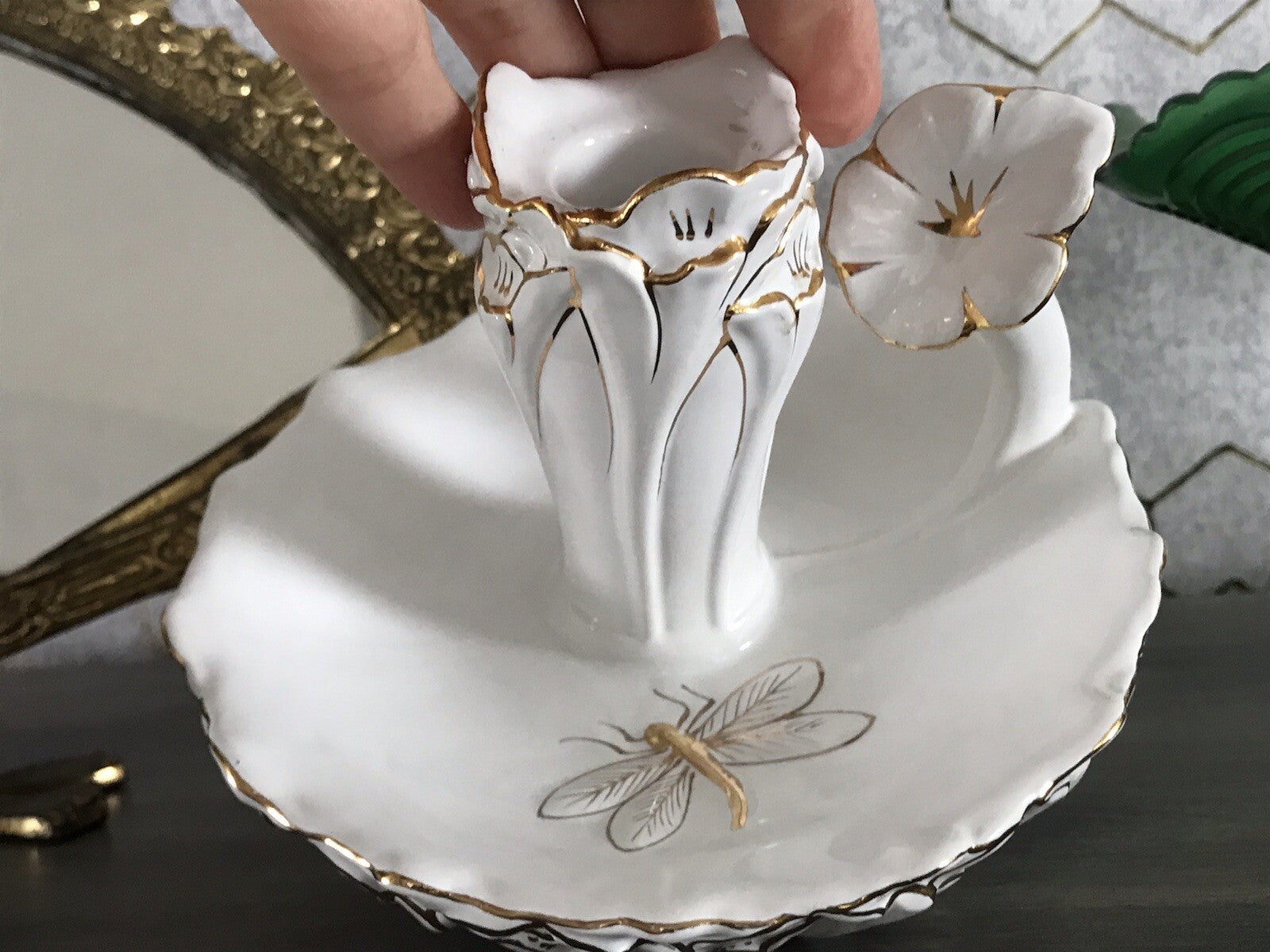 Antik reines Jugendstil Porzellan Kammerleuchter Leuchter weiß gold Libelle