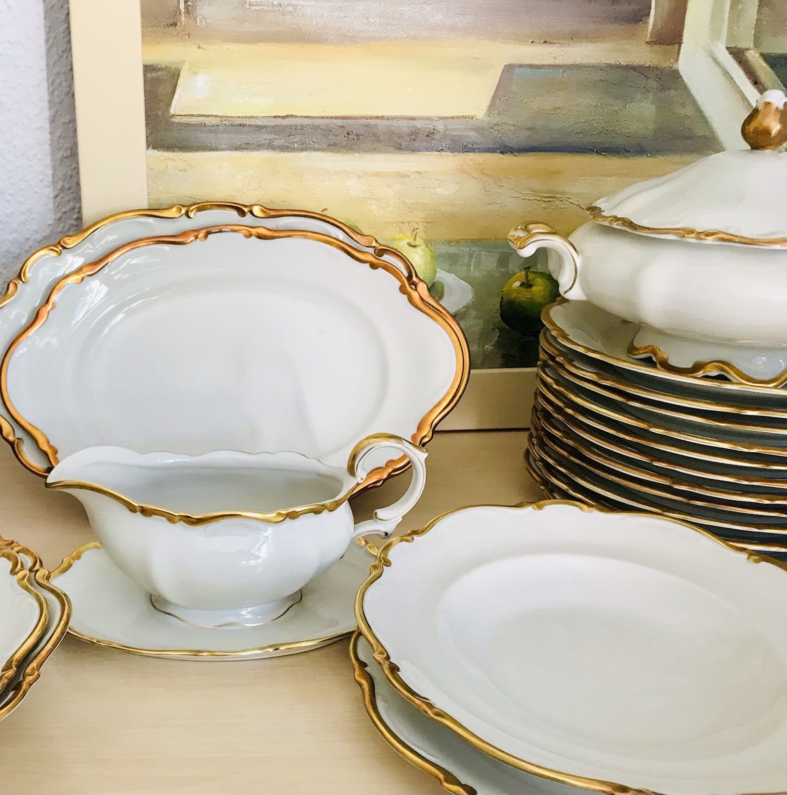 Antik Art Déco Porzellan Tafelservice goldene Ranke EDEL Mitterteich 12 Personen