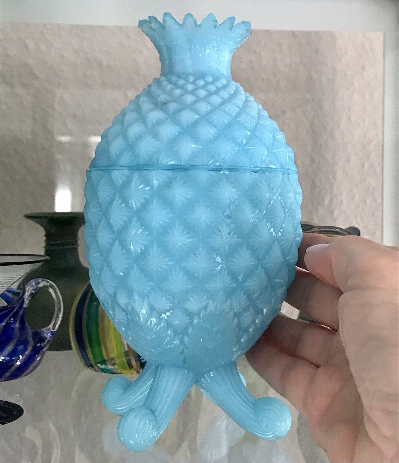 Antik Jugendstil Ananas Glasdose Dose Opalglas Deckeldose blau Pressglas SCHÖN!