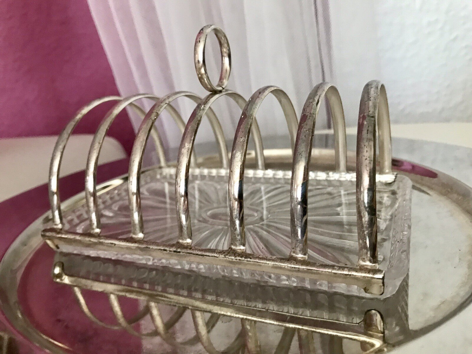 Vintage Toastbrot Ständer Halter versilbert Glaseinsatz Kristallglas 60er Jahre