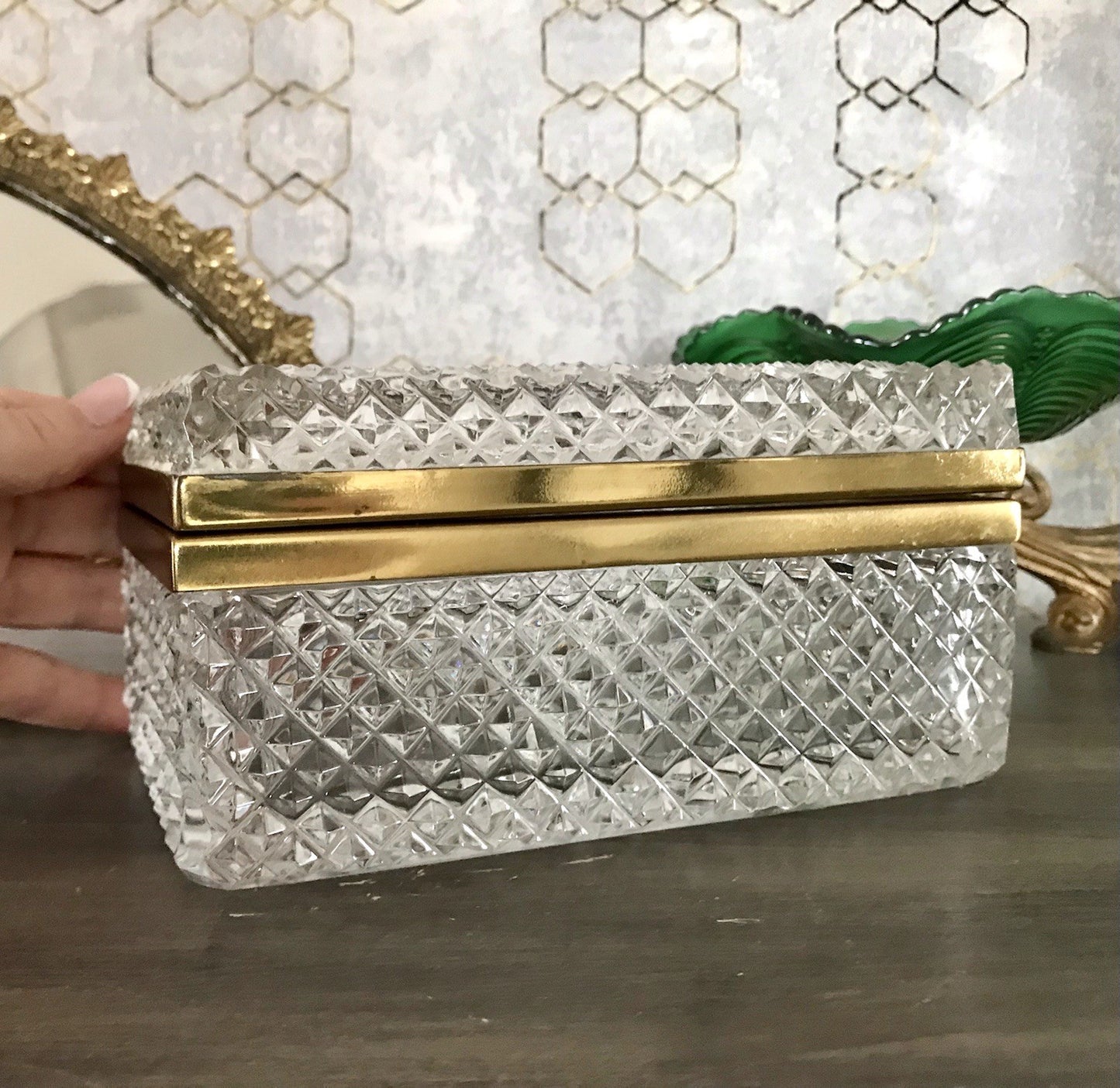 Antik Art Dèco Vintage EDEL Schatulle Deckeldose Bleikristall groß Messingrahmen