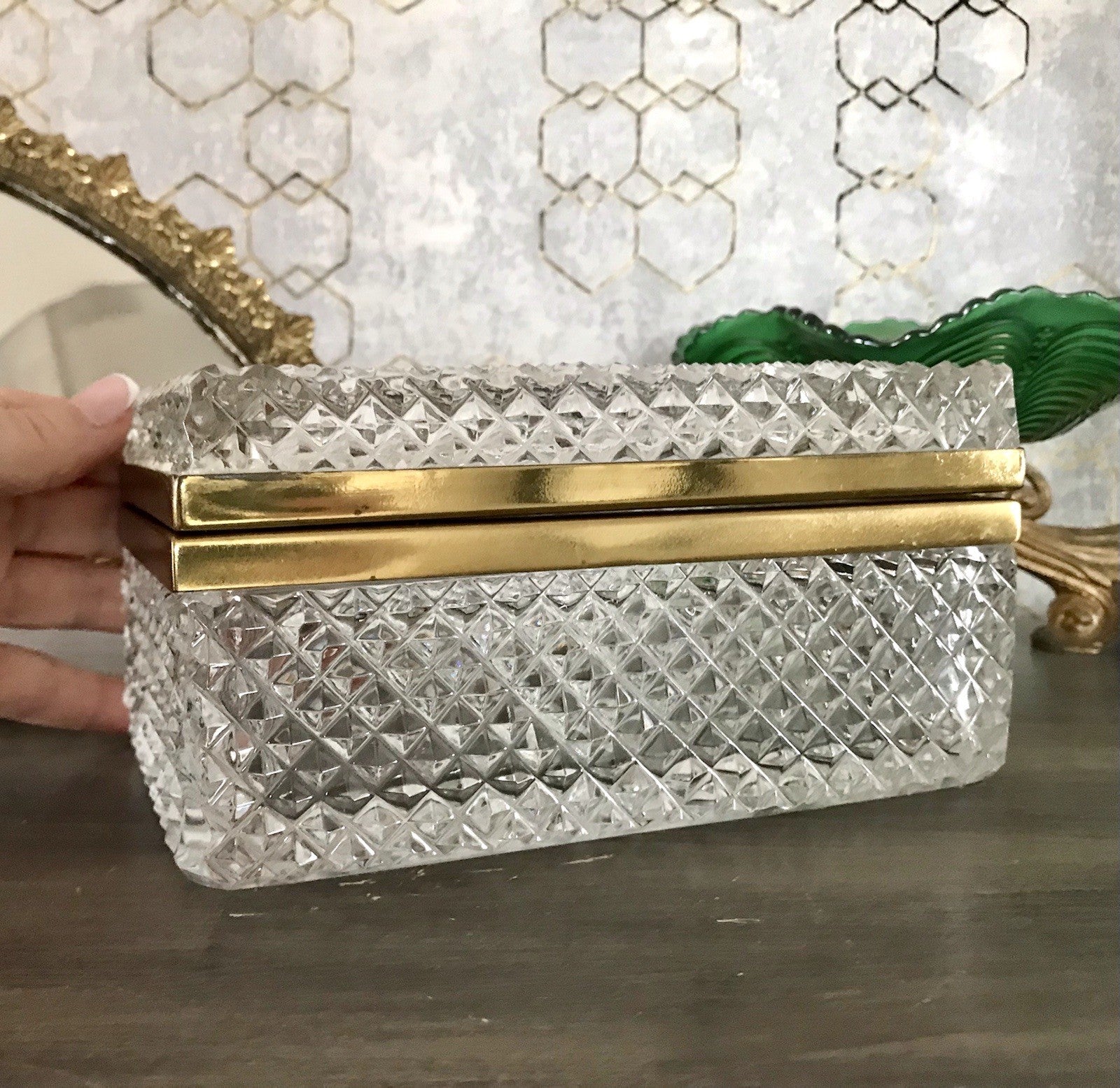 Antik Art Dèco Vintage EDEL Schatulle Deckeldose Bleikristall groß Messingrahmen